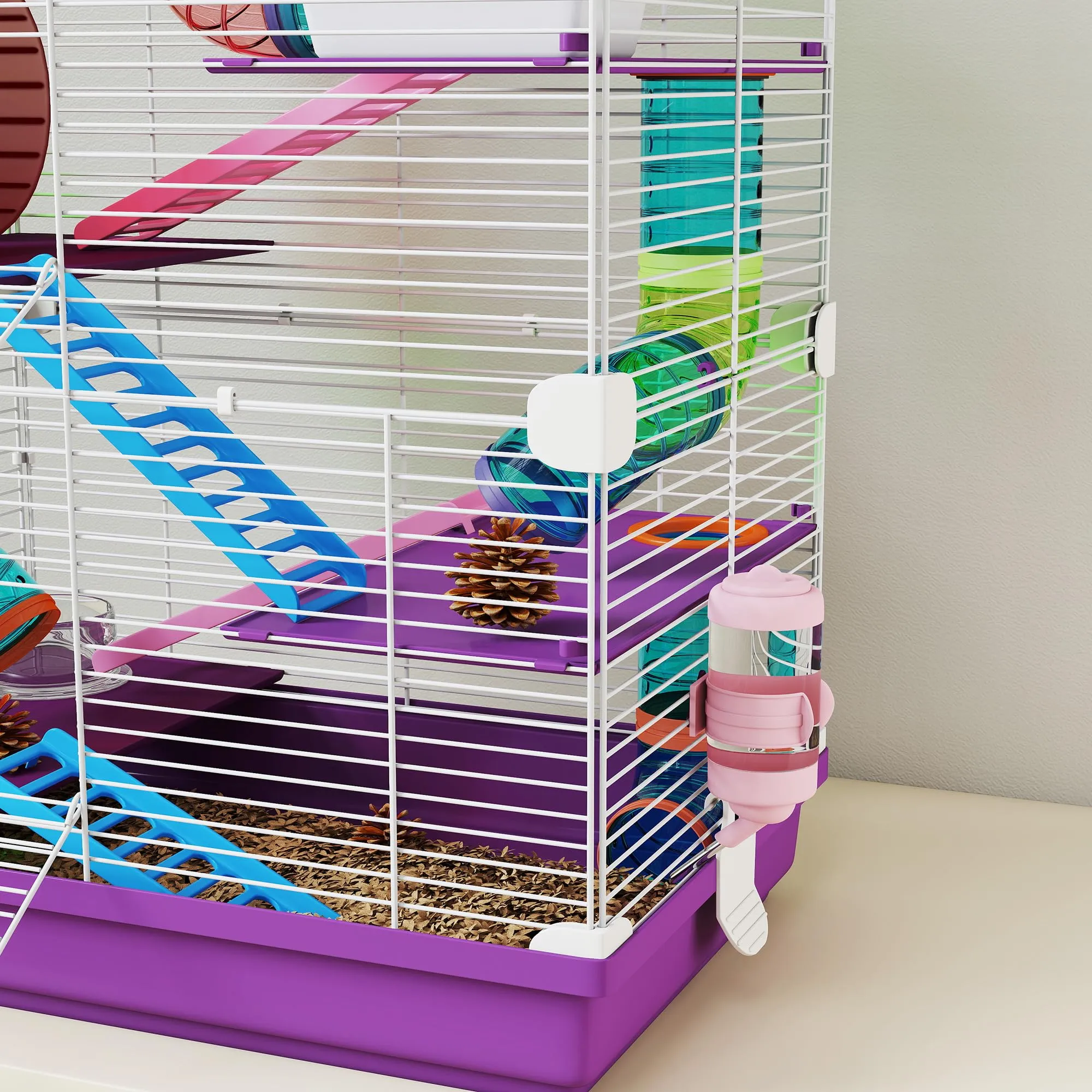 PawHut Gabbia per Criceti a 5 Livelli con Tubi e Ruota, 46x30x58 cm, Viola - immagine 8