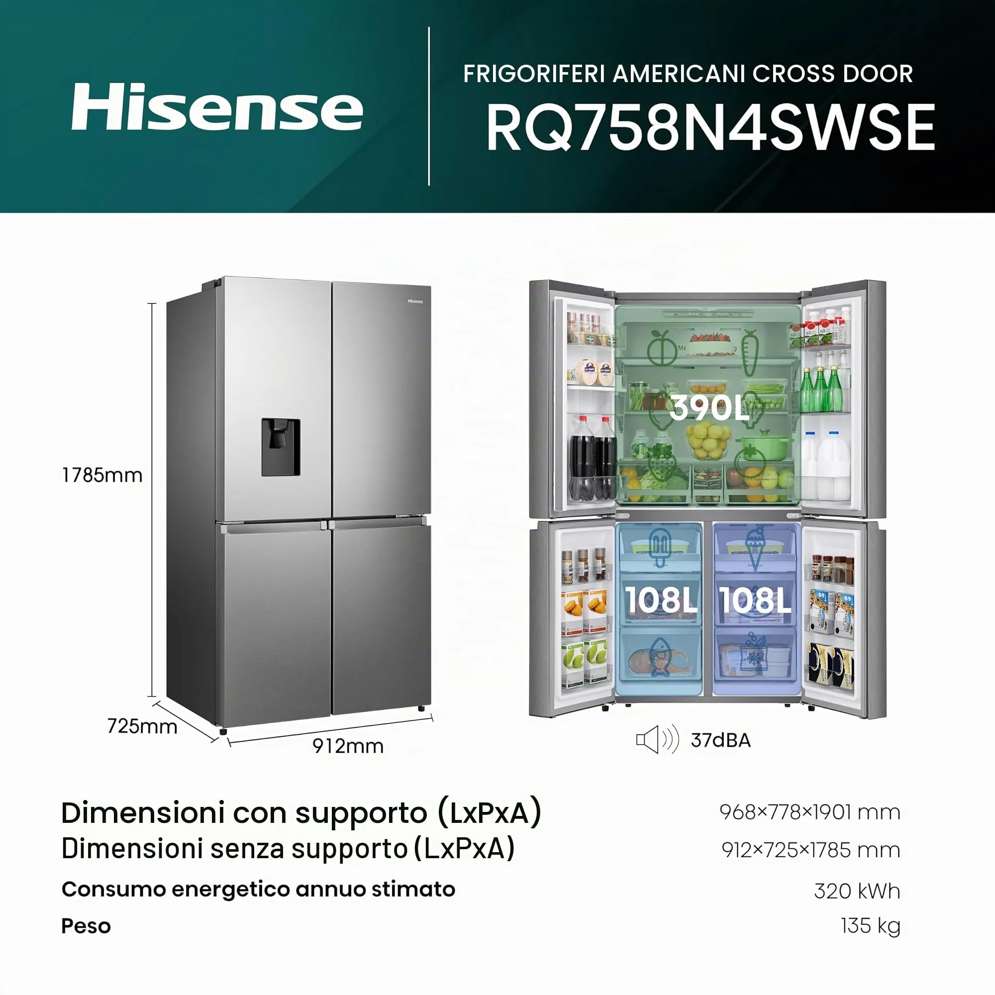 Hisense RQ758N4SWSE Frigorifero Quattro Porte Americano, 606 litri, Inox, Total No Frost, Classe E, Motore Inverter, Metal Cooling, Convert Zone, WiFi - immagine 2