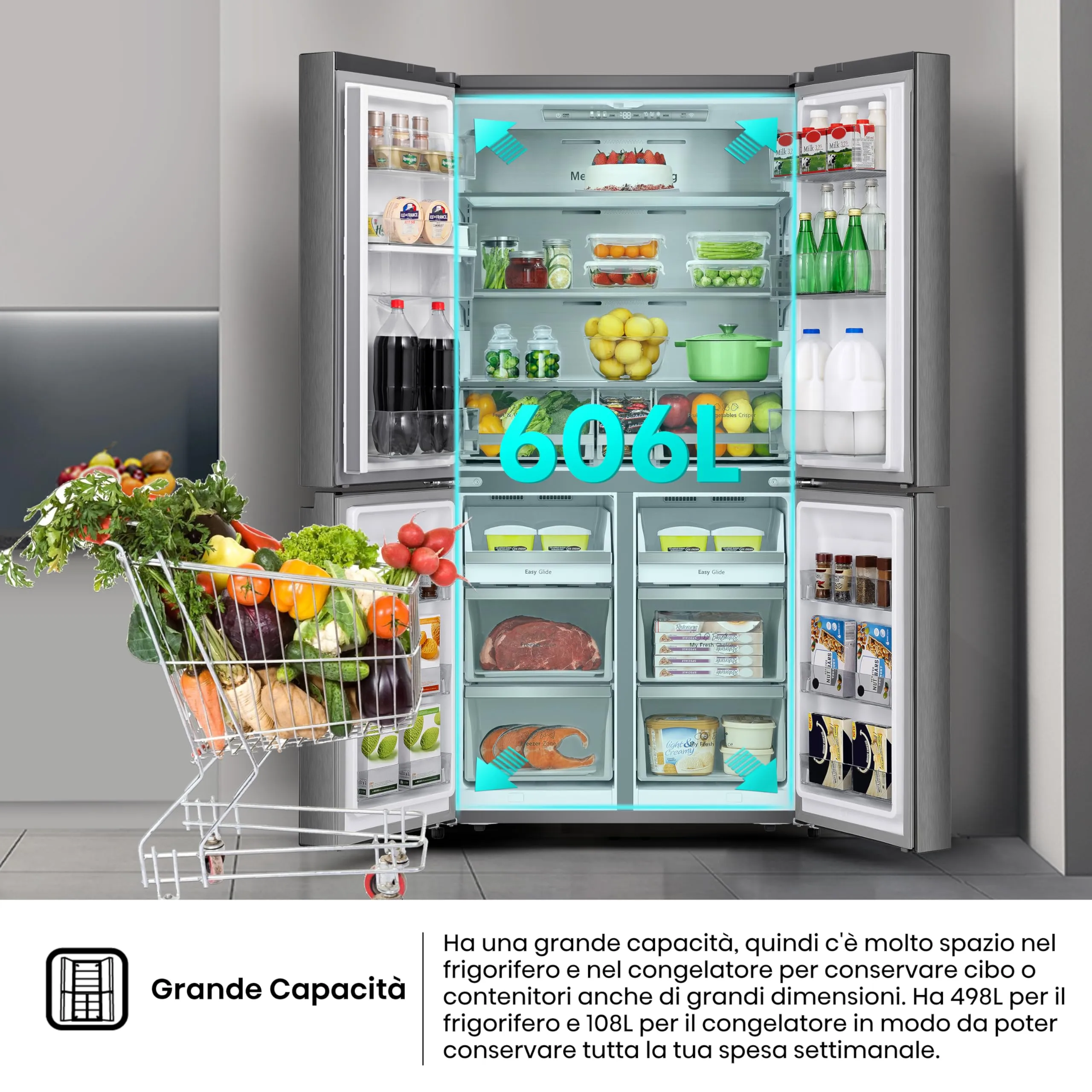 Hisense RQ758N4SWSE Frigorifero Quattro Porte Americano, 606 litri, Inox, Total No Frost, Classe E, Motore Inverter, Metal Cooling, Convert Zone, WiFi - immagine 4
