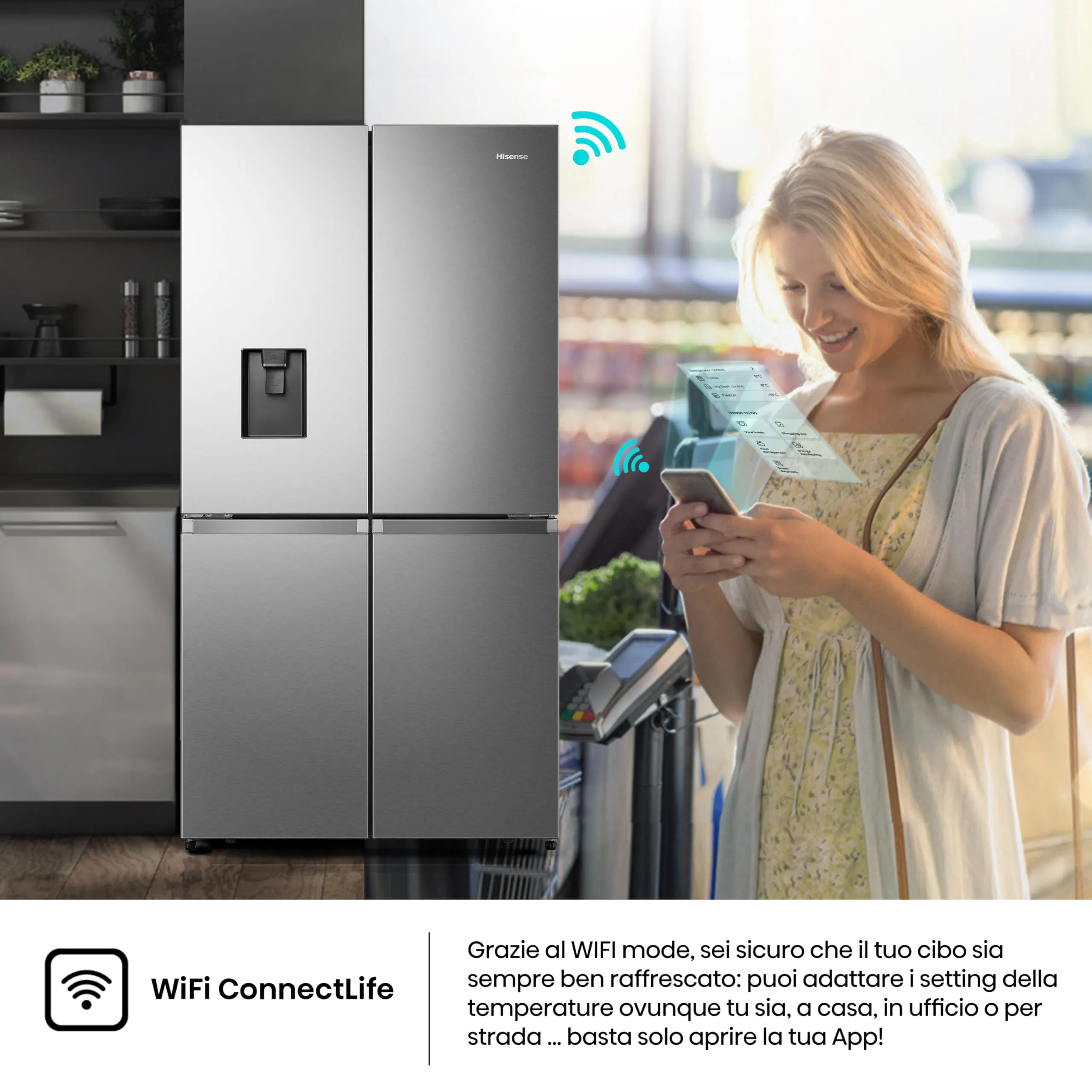 Hisense RQ758N4SWSE Frigorifero Quattro Porte Americano, 606 litri, Inox, Total No Frost, Classe E, Motore Inverter, Metal Cooling, Convert Zone, WiFi - immagine 7