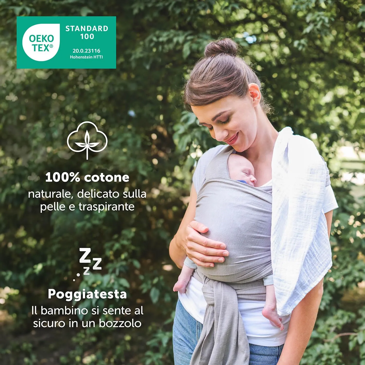Laleni Fascia Porta Bebe in Cotone, Certificata OEKO-TEX, 5,10m, fino a 15kg, Grigio Chiaro - immagine 3