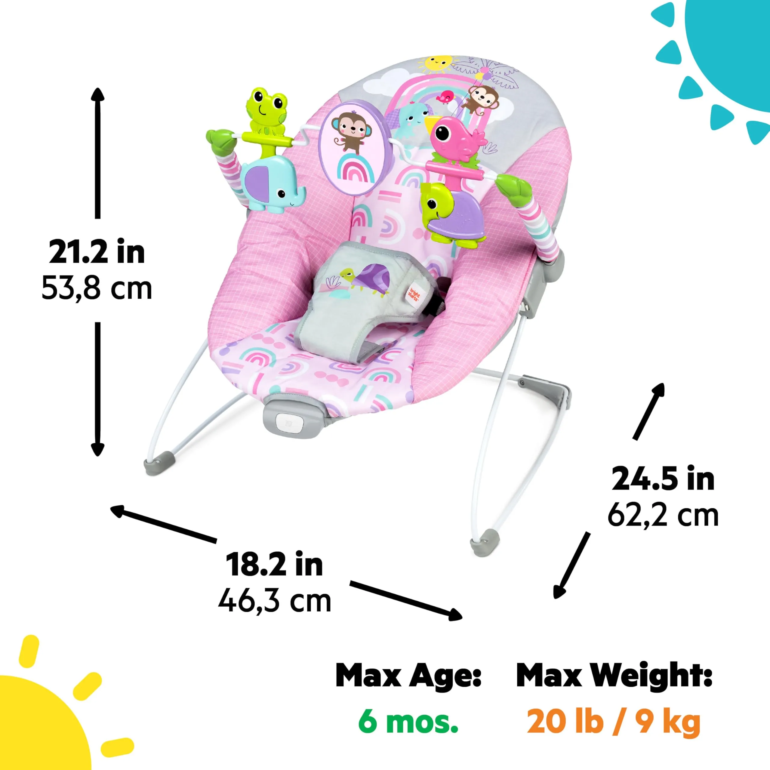 Bright Starts Seggiolino Portatile Vibrante per Neonati con Barra Giocattoli, 0-6 Mesi, 9 kg (Pink Paradise) - immagine 2