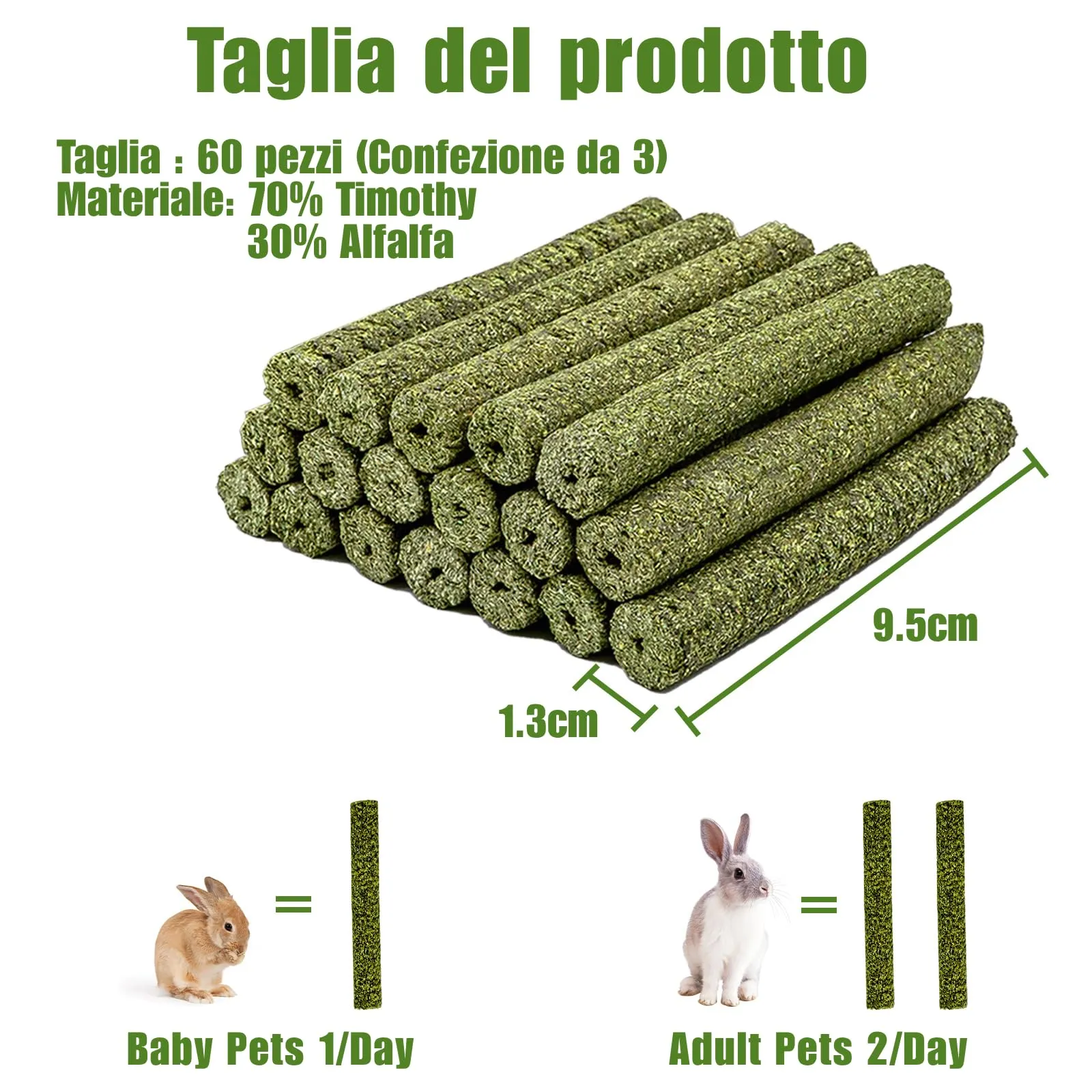 TOKAYIFE Giocattolo da Masticare Bastoncini di Fieno Timothy per Conigli, Porcellini d'India, Cincillà e Criceti, 60 unità (3 confezioni) - immagine 3