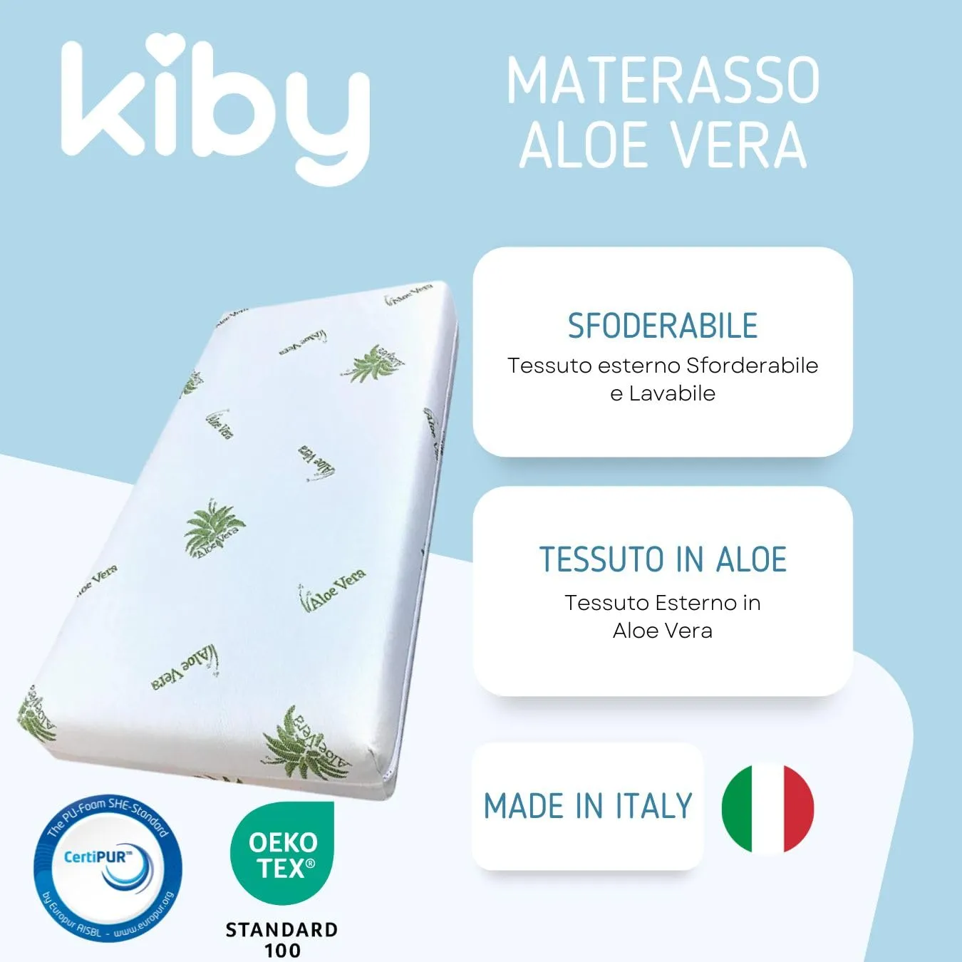 Kiby Materasso per Lettino in Aloe Vera, Lavabile e Sfoderabile, 125 x 60 x 14 cm - immagine 2