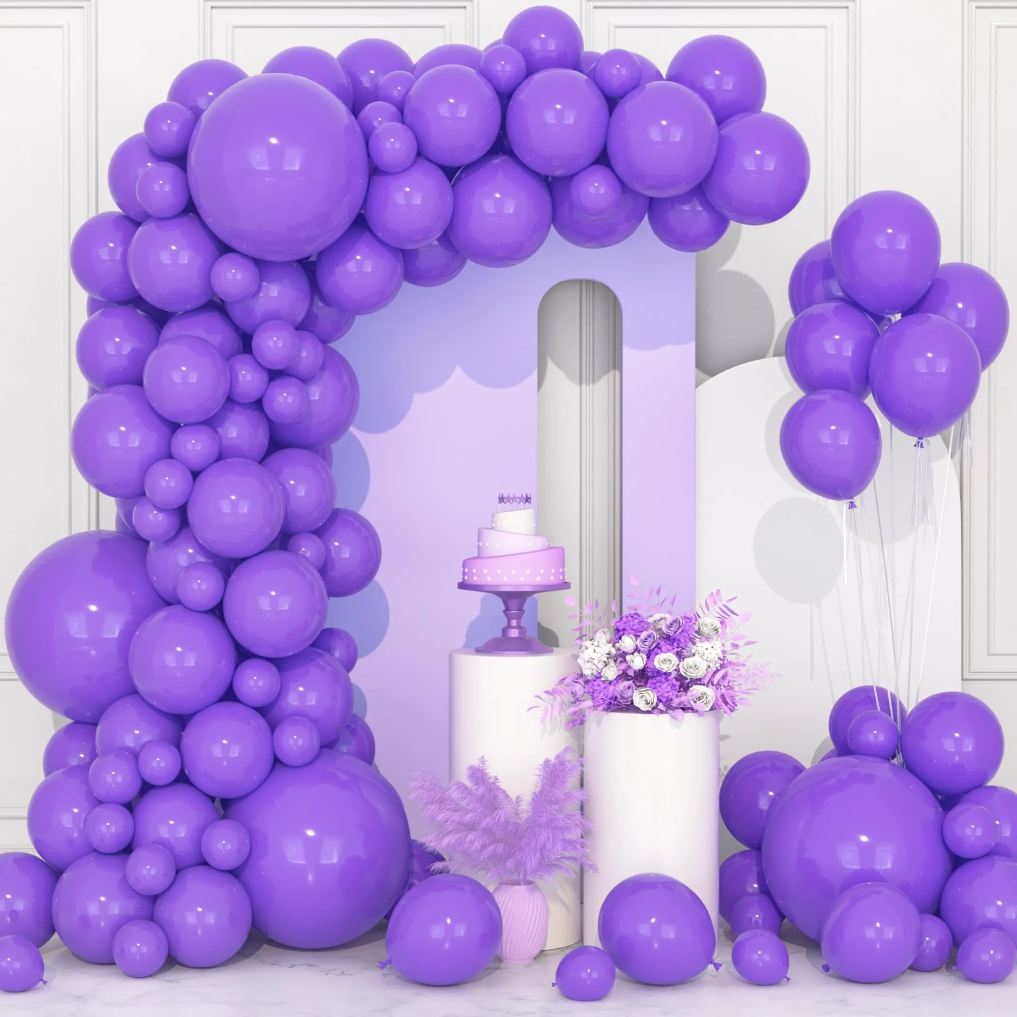 Ousuga Kit Arco di Palloncini Viola Opachi, 106 pezzi (5, 10, 12, 18 pollici) con Nastro e Accessori - immagine 1