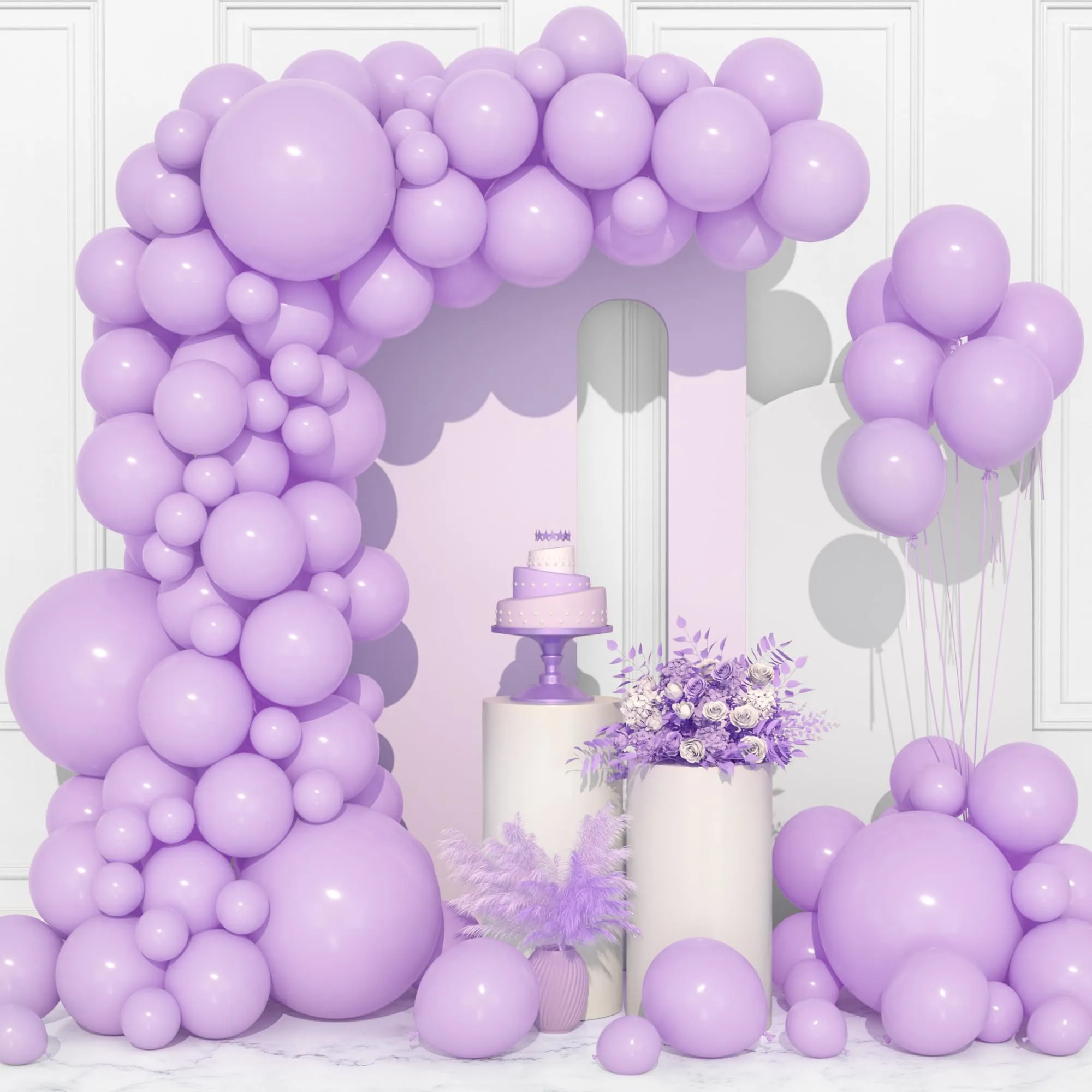 Ousuga Kit Arco di Palloncini Viola Pastello, 106 pezzi (5, 10, 12, 18 pollici), Macaron Lilla Lavanda con Nastro per Compleanni, Matrimoni, Battesimi e Baby Shower - immagine 1