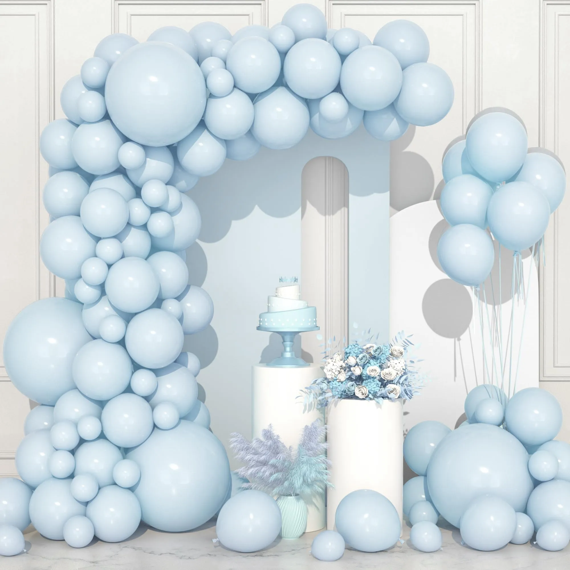 Ousuga Kit Arco di Palloncini Blu Pastello, 106 pezzi (5, 10, 12, 18 pollici) con Nastro e Accessori - immagine 1