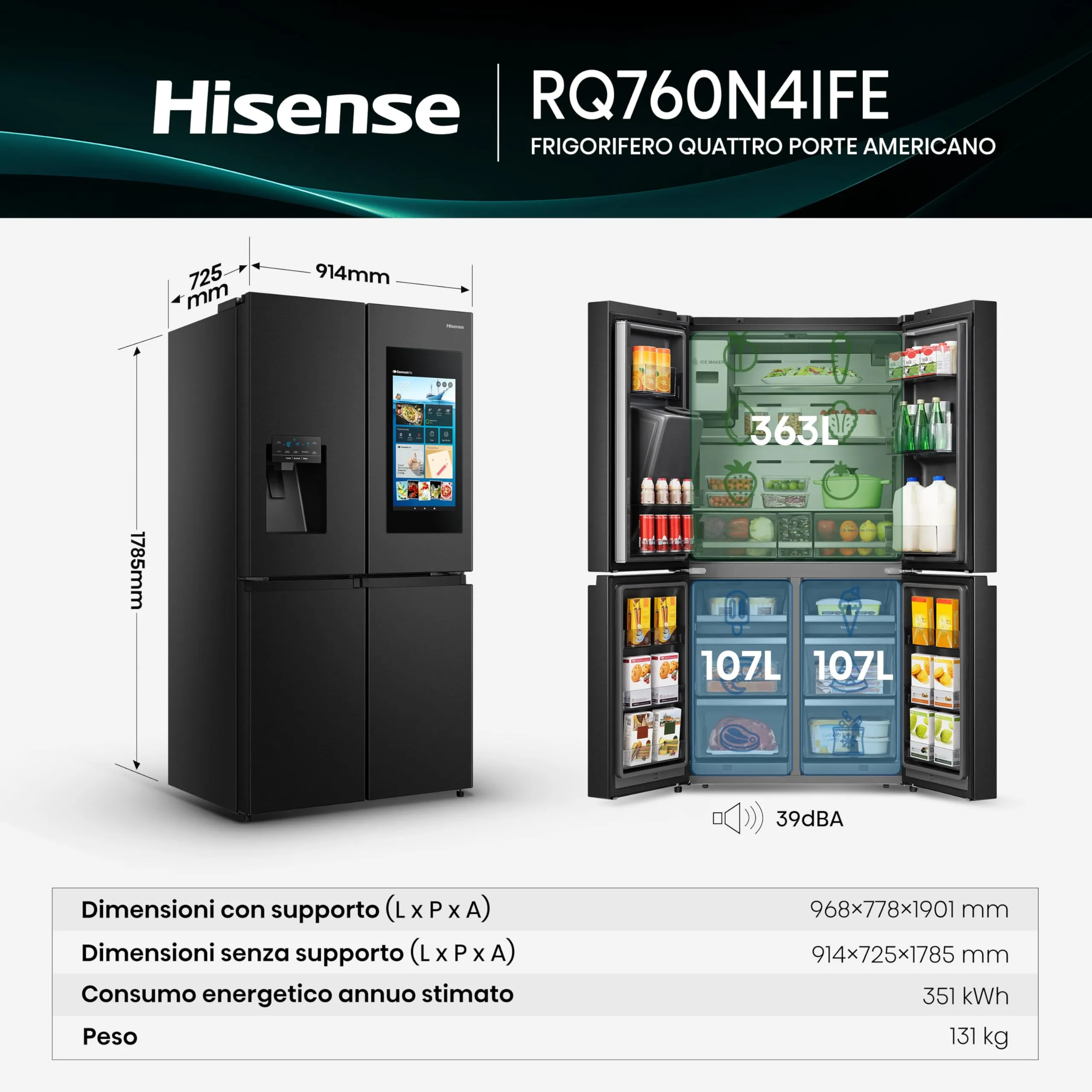 Hisense RQ760N4IFE Frigorifero Quattro Porte Americano, 577 L, Black Inox, Total No Frost, Classe E, Motore Inverter, WiFi - immagine 2