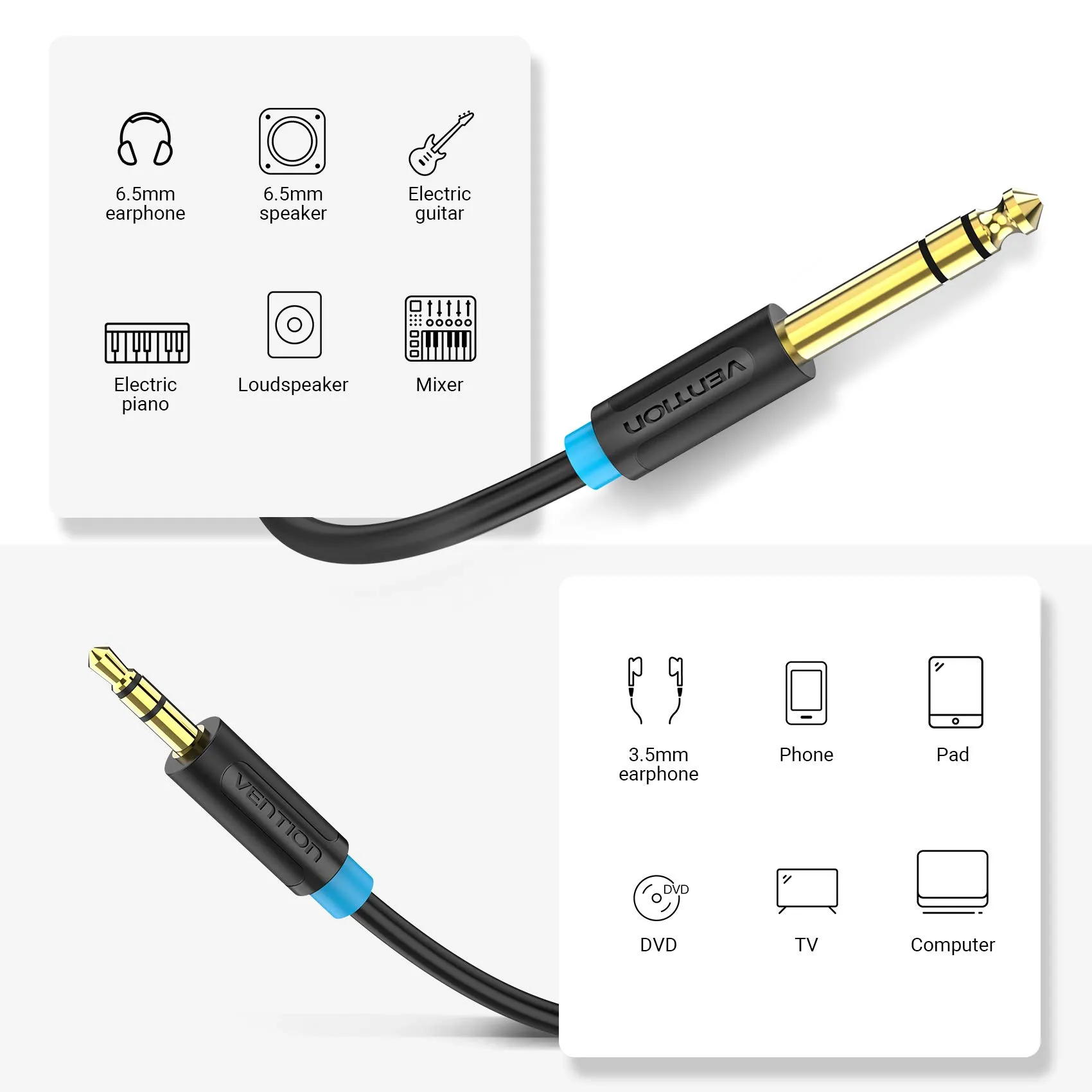 VENTION Cable Jack Estéreo de 3,5 mm a 6,35 mm, Adaptador de Audio Macho a Macho Chapado en Oro, 1m - immagine 2