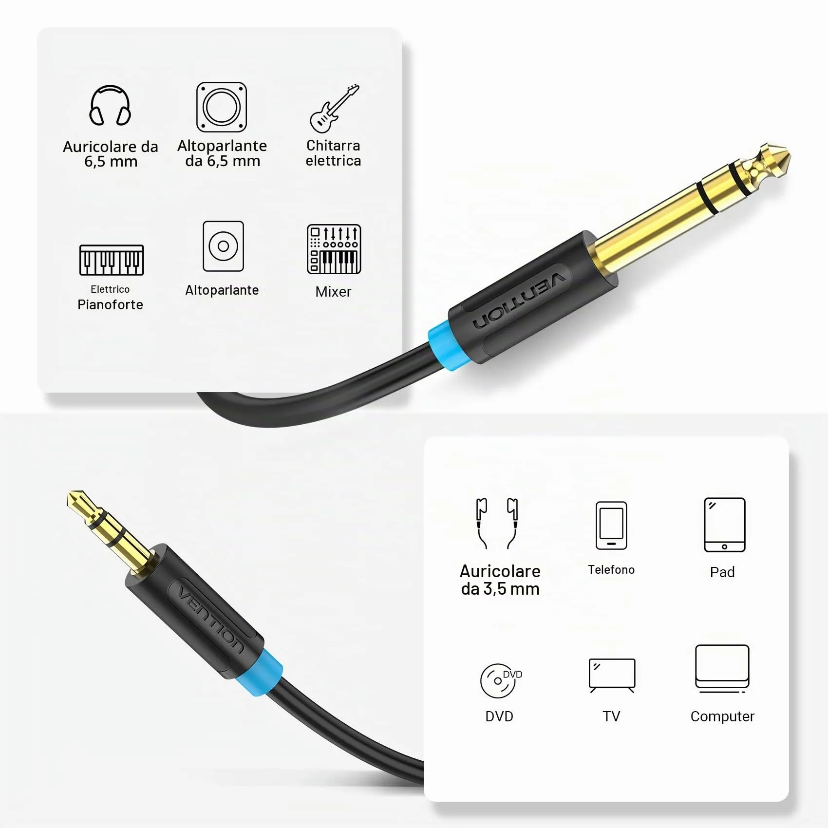 VENTION Cable Jack Estéreo 3,5 mm a 6,35 mm, Adaptador de Audio Macho a Macho Chapado en Oro, 2m - immagine 2