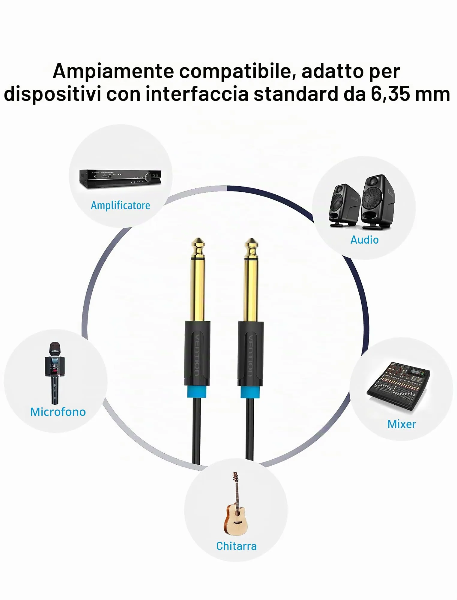 VENTION Cavo Jack 6.35mm Maschio-Maschio per Chitarra Elettrica, Basso, Amplificatore e Mixer (2 m) - immagine 2