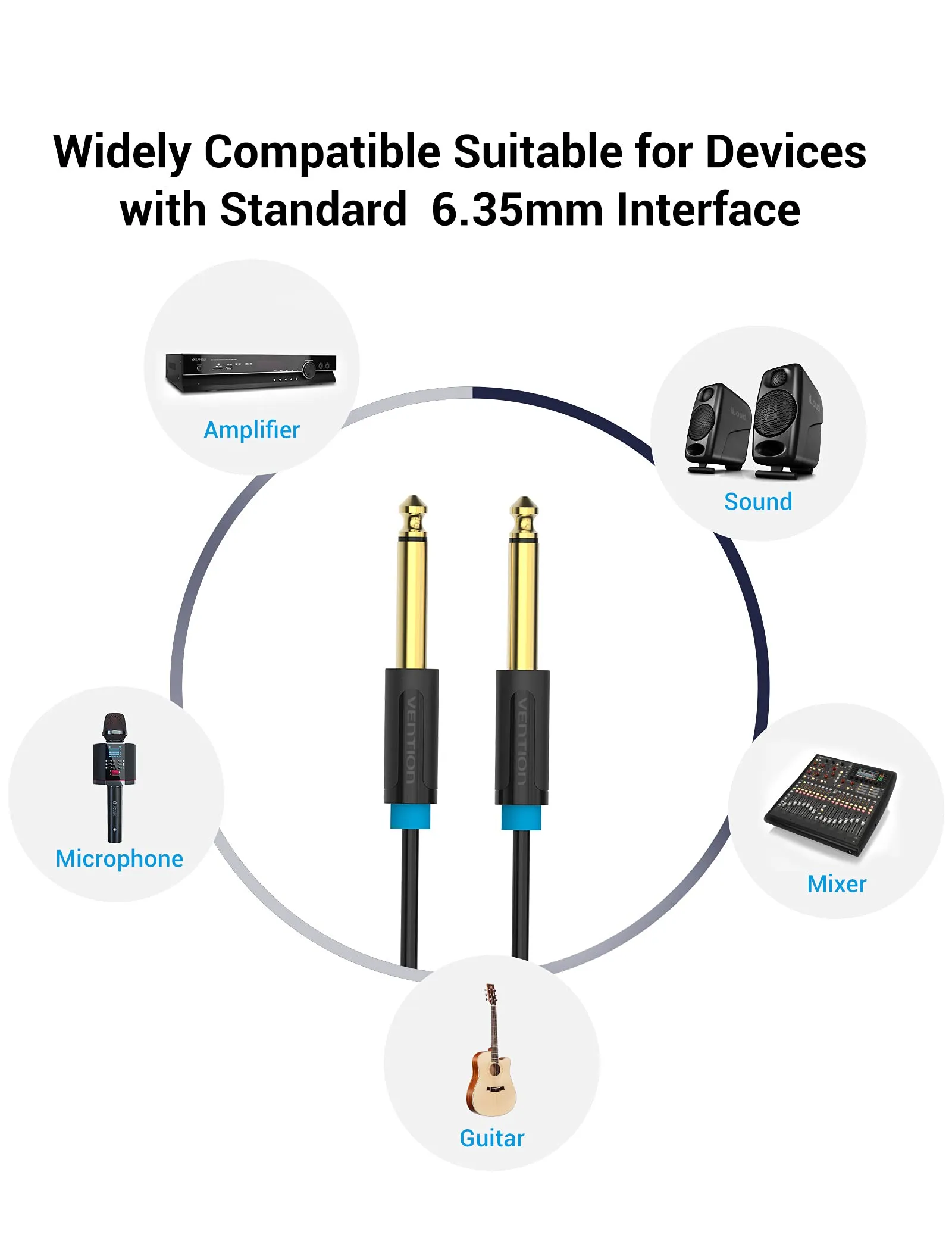 VENTION Cavo Stereo per Chitarra, Jack 6,35 mm a 6,35 mm (1/4" a 1/4" TS), 5 m, Oro - immagine 2