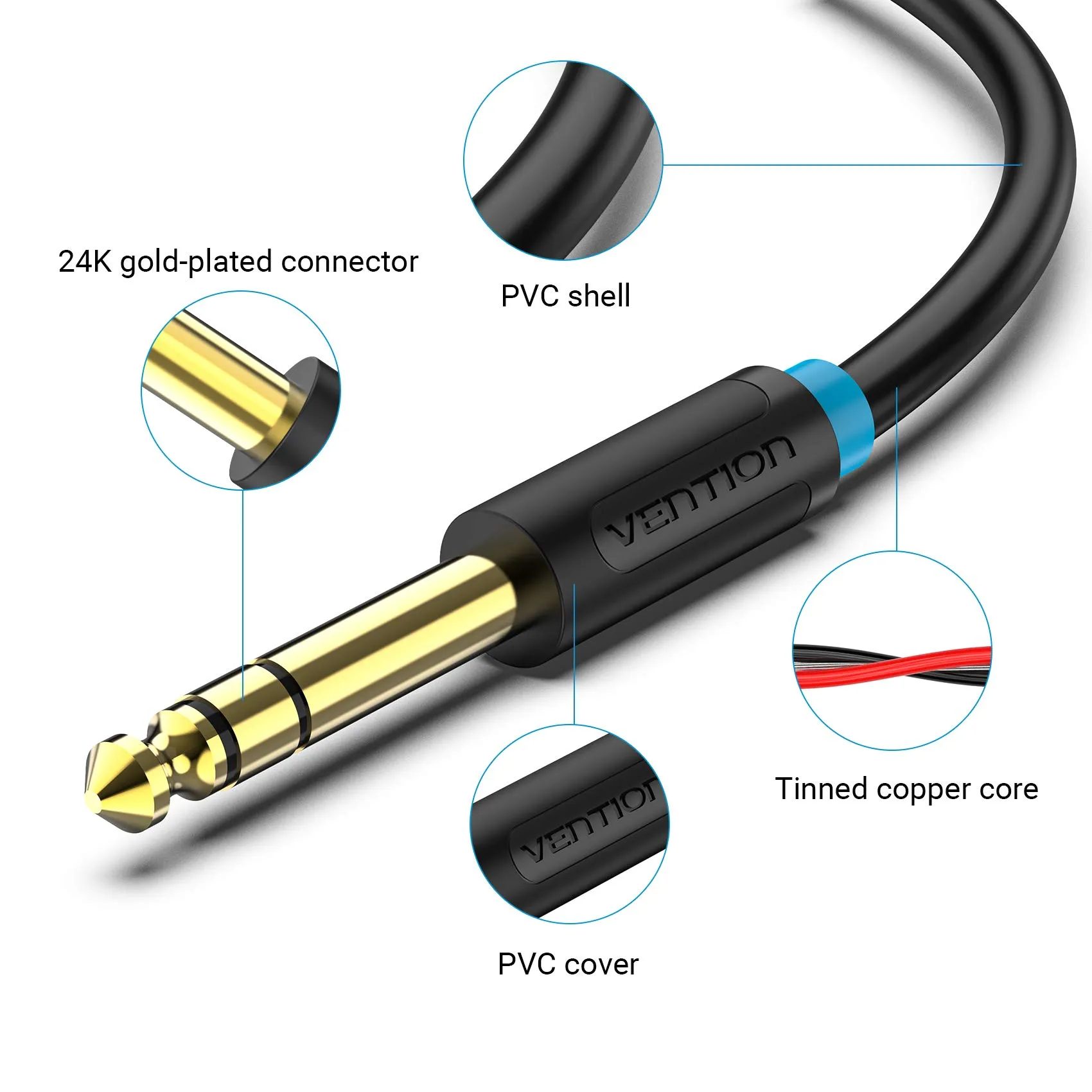 VENTION Cable Jack Estéreo de 6,35 mm a 6,35 mm, Adaptador de Audio Macho a Macho Chapado en Oro, 5m - immagine 3
