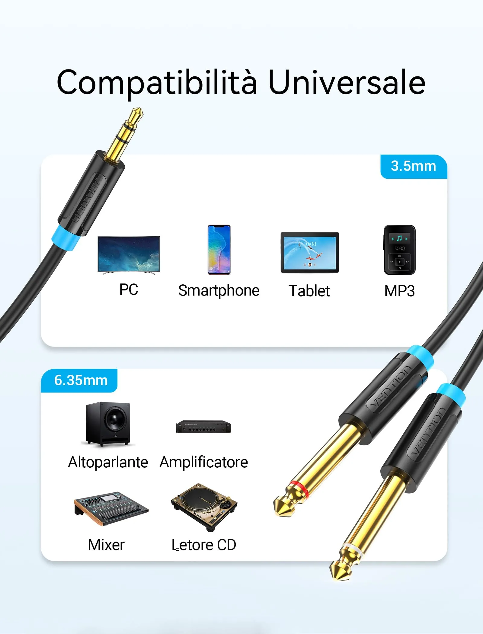 VENTION 3.5mm to Dual 6.35mm Mono Audio Jack Cable, 1m - immagine 2