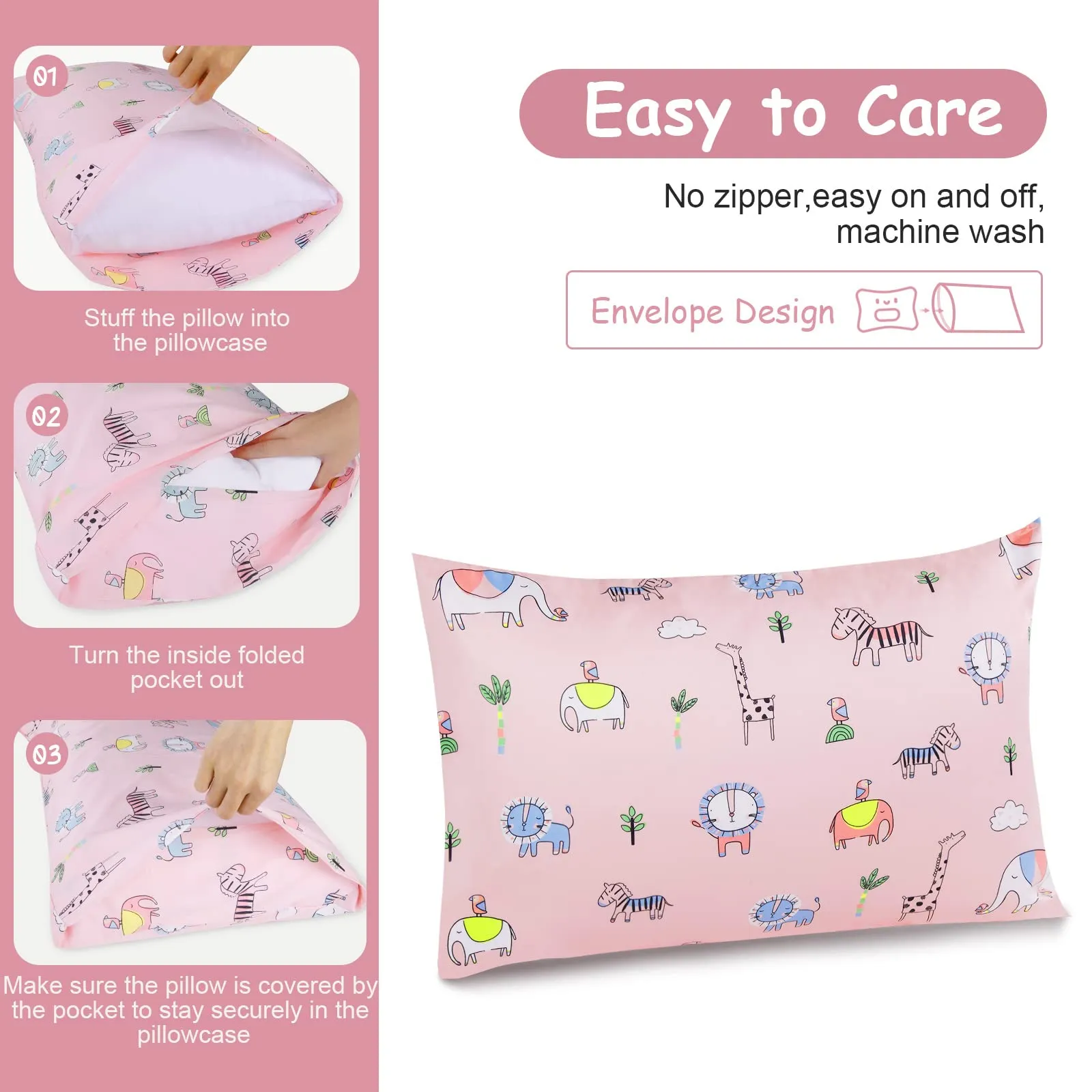 Vicloon Federe per Cuscini per Bambini, 100% Cotone, 40x60 cm, Motivo Animale Rosa, 2 Pezzi - immagine 3