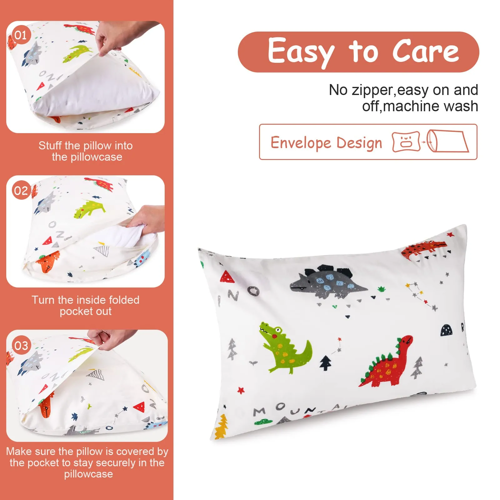 Vicloon Federe per Cuscini per Bambini, 100% Cotone, 40x60 cm, 2 Pezzi, Modello Dinosauro - immagine 3