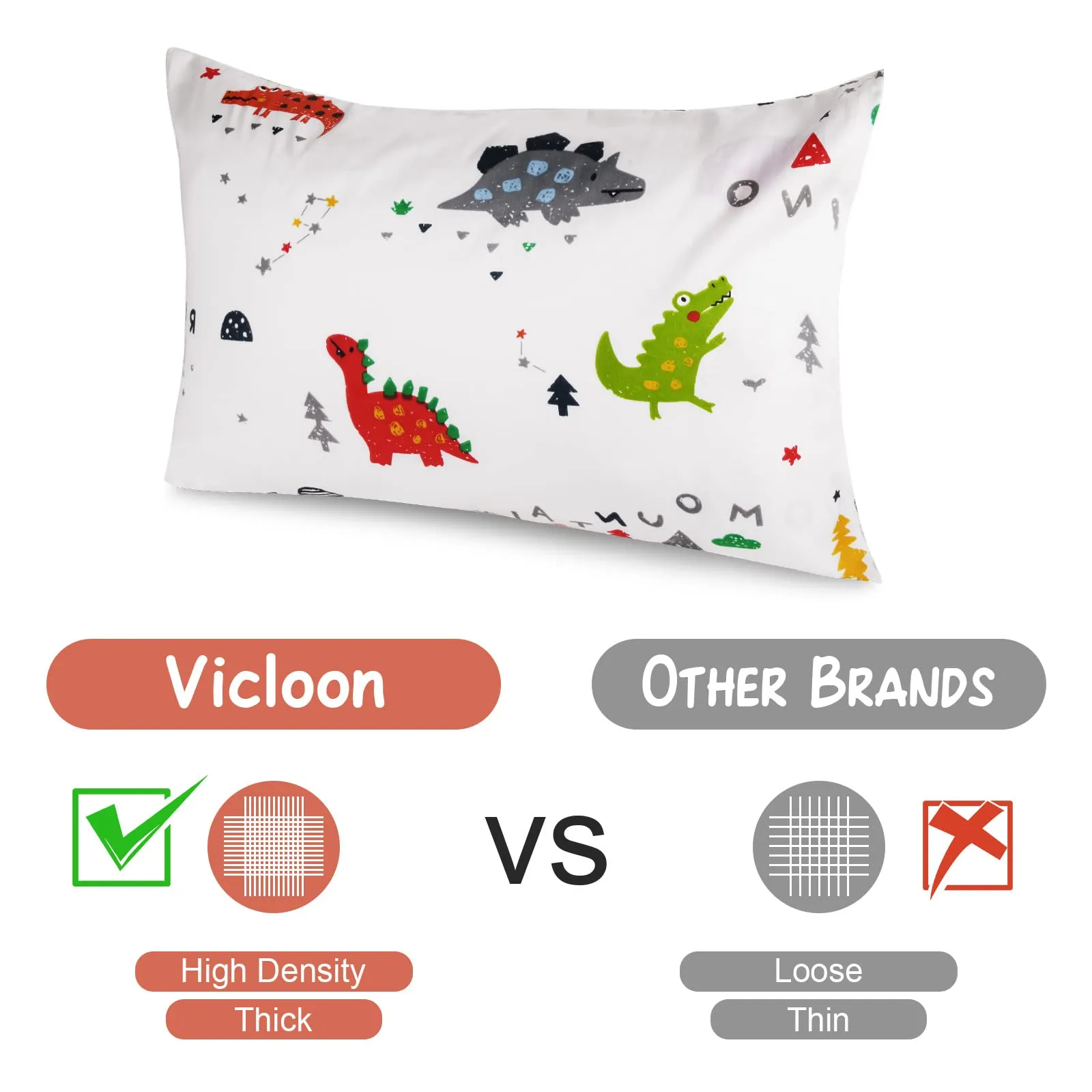 Vicloon Federe per Cuscini per Bambini, 100% Cotone, 40x60 cm, 2 Pezzi, Modello Dinosauro - immagine 5