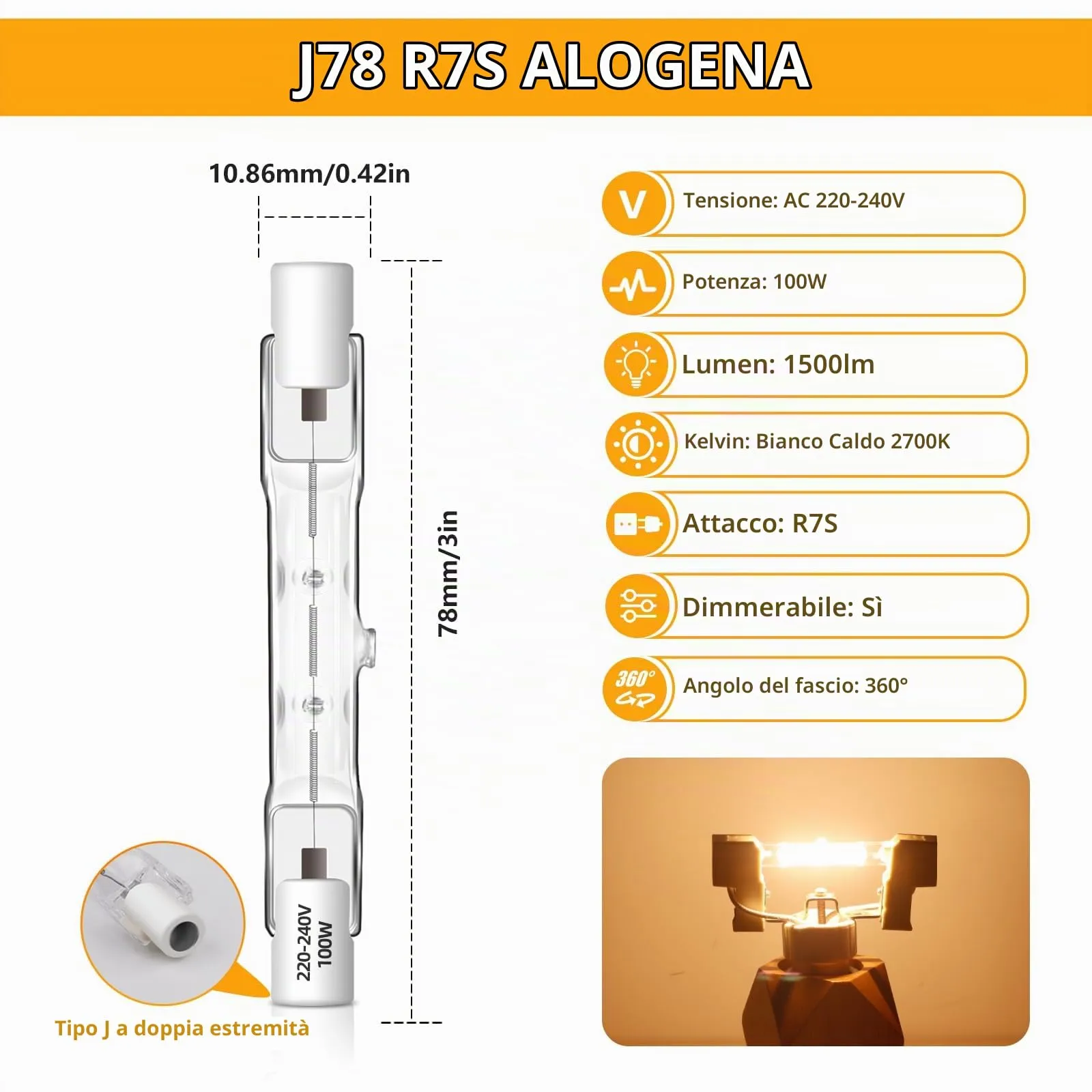 Caldarax Lampadina Alogena R7s 78mm 100W Dimmerabile, 230V, Bianco Caldo 2700K, 1500LM, 6 Pezzi - immagine 2
