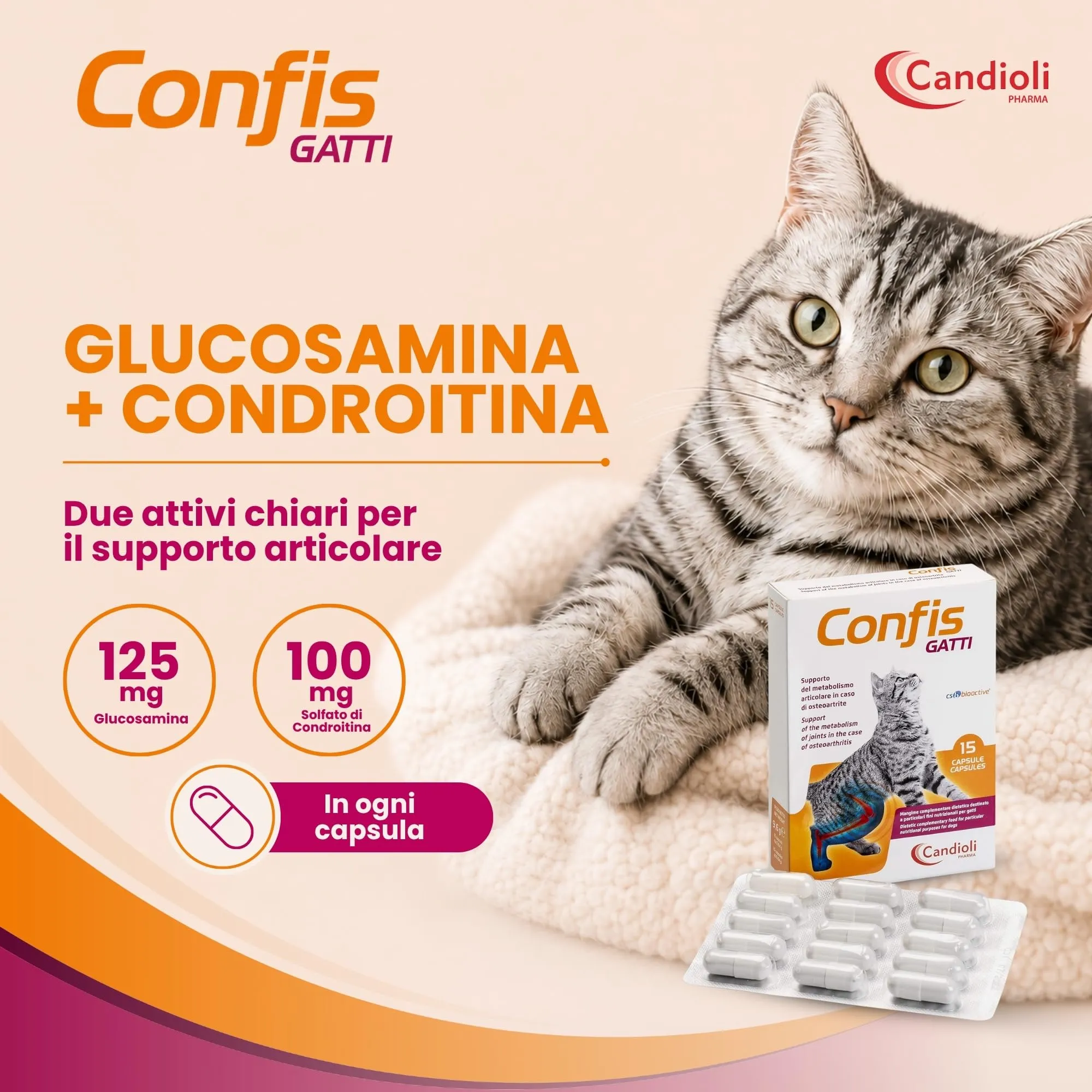 Candioli Confis Gatto, Mangime Complementare Dietetico con Glucosamina e Solfato di Condroitina per Articolazioni, 15 Capsule - immagine 3