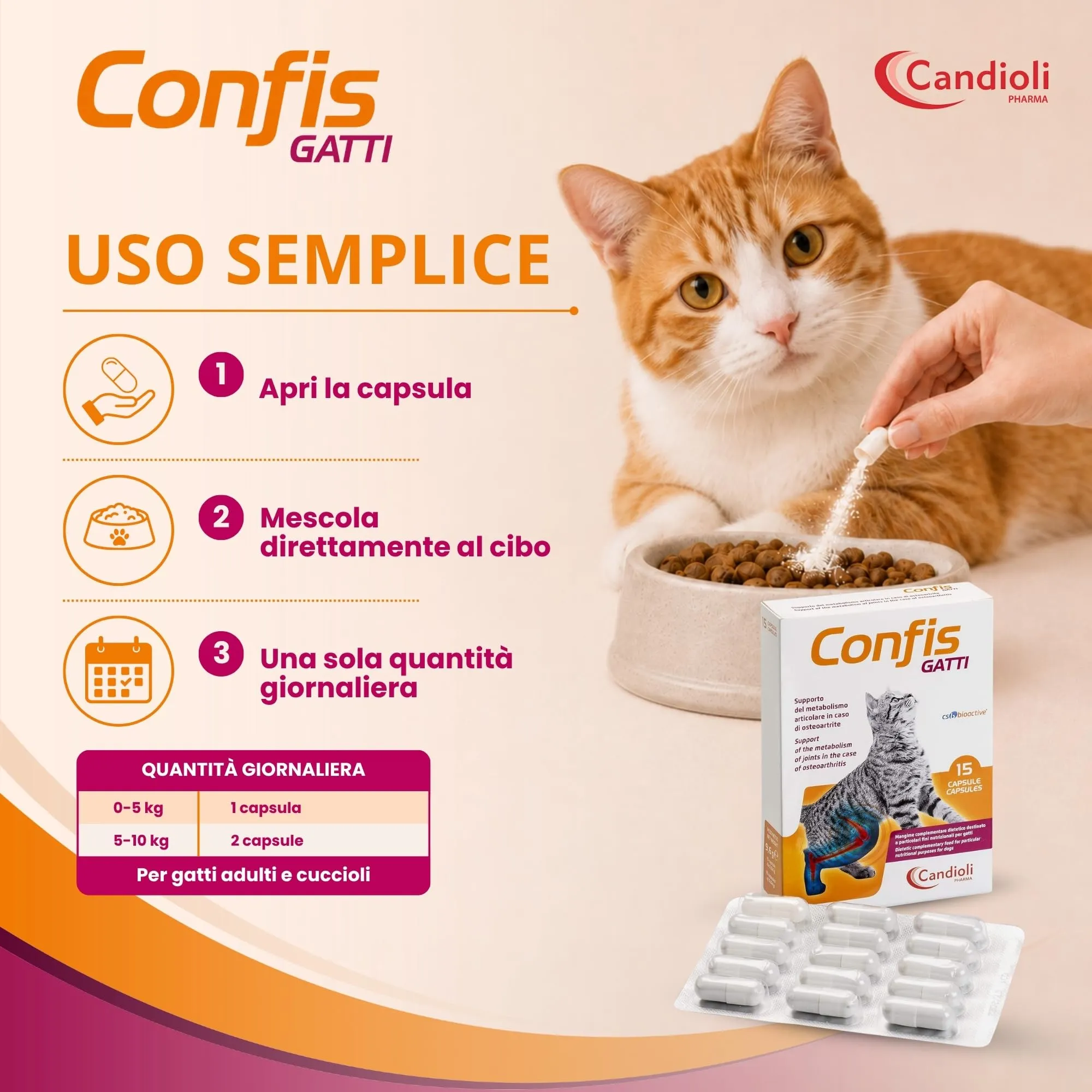 Candioli Confis Gatto, Mangime Complementare Dietetico con Glucosamina e Solfato di Condroitina per Articolazioni, 15 Capsule - immagine 5