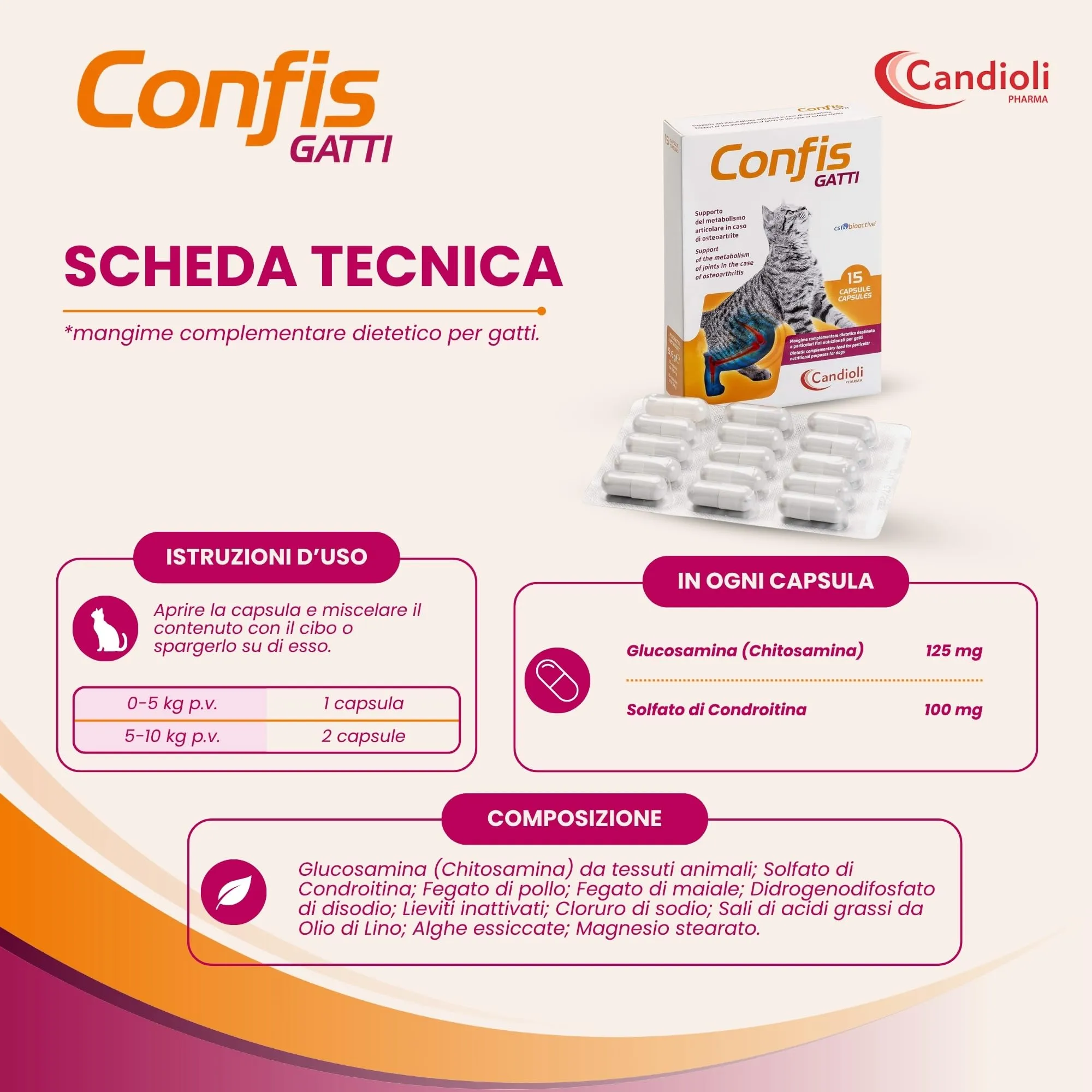 Candioli Confis Gatto, Mangime Complementare Dietetico con Glucosamina e Solfato di Condroitina per Articolazioni, 15 Capsule - immagine 6