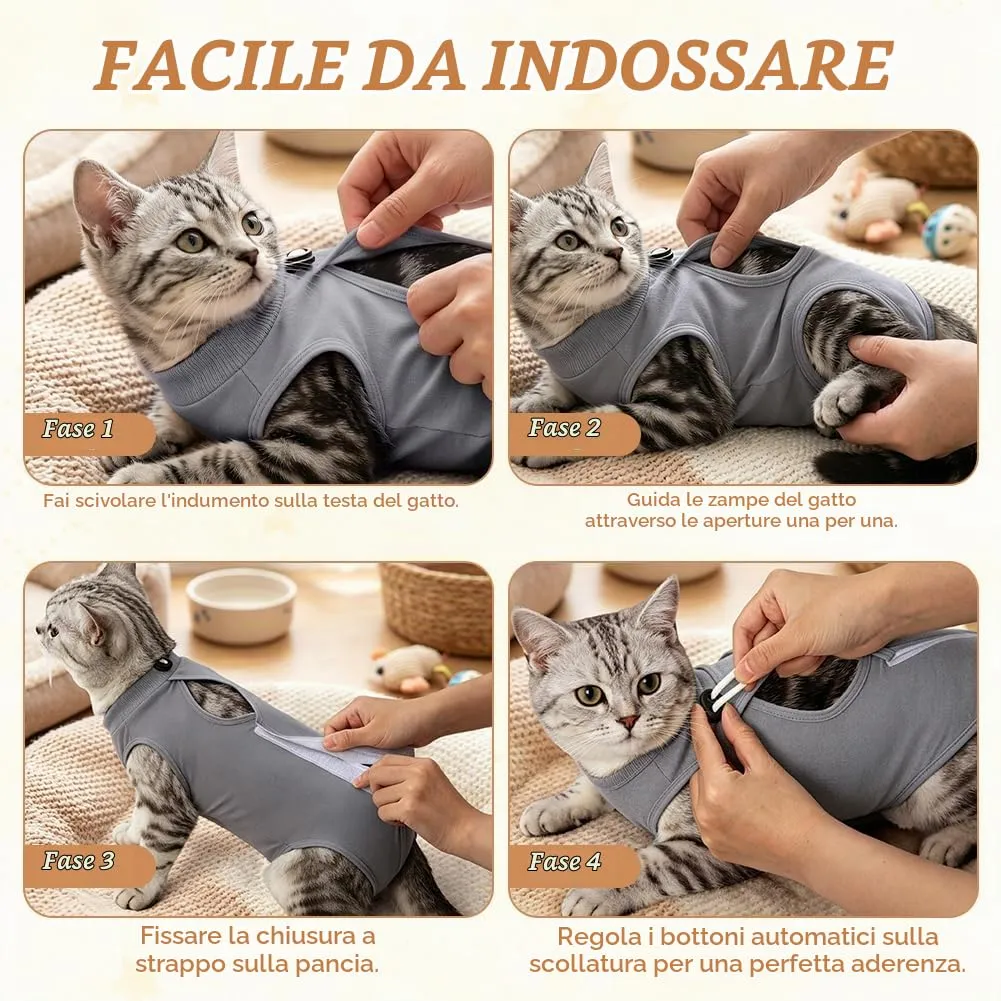 OFFCUP Body Gatto Post Operatorio, Tuta Recupero, Grigio, Taglia L - immagine 6
