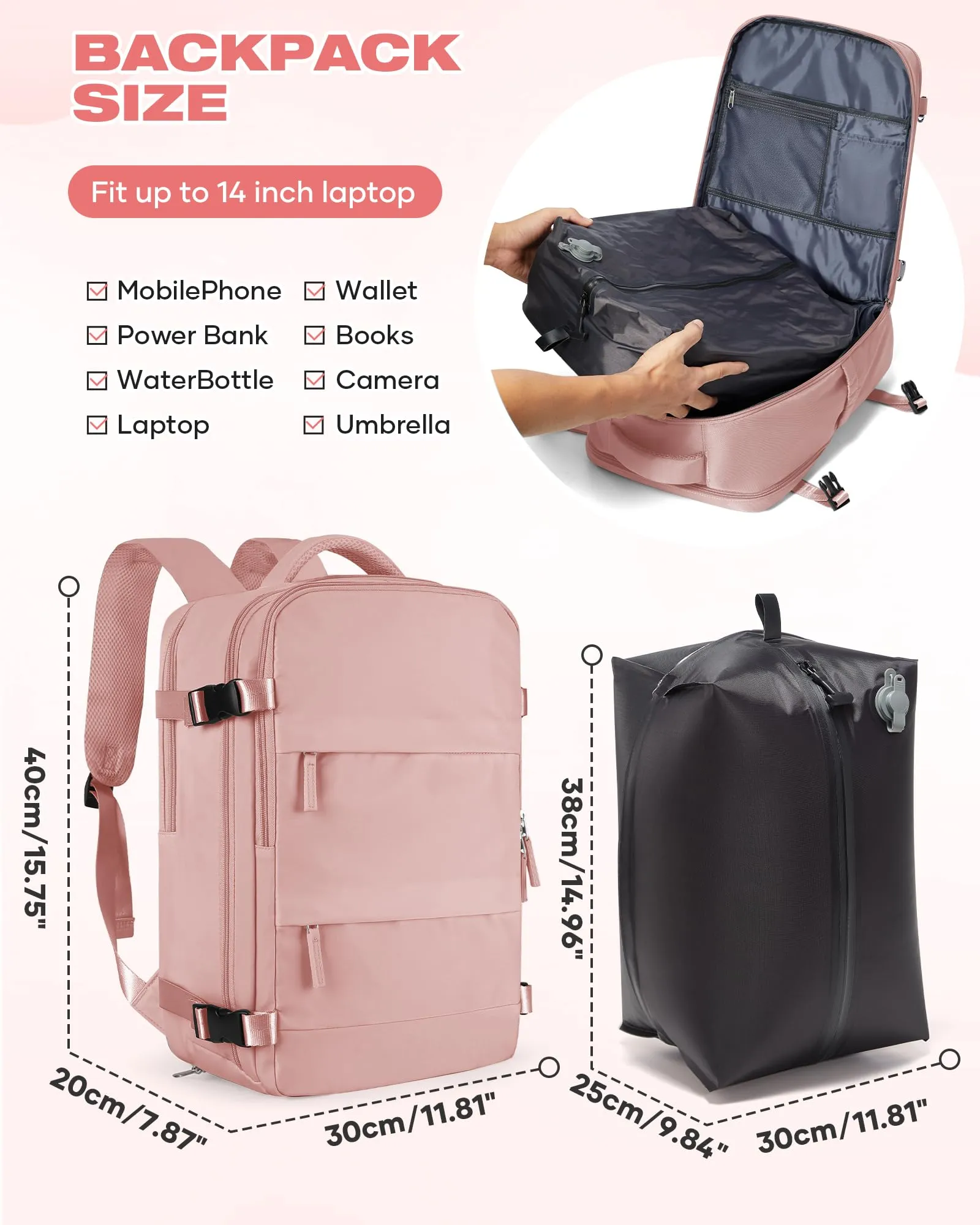 SZLX Zaino da Viaggio Sottovuoto con Pompa 40x30x20 per Ryanair Wizzair Easyjet, Impermeabile per Laptop 14 Pollici - immagine 4