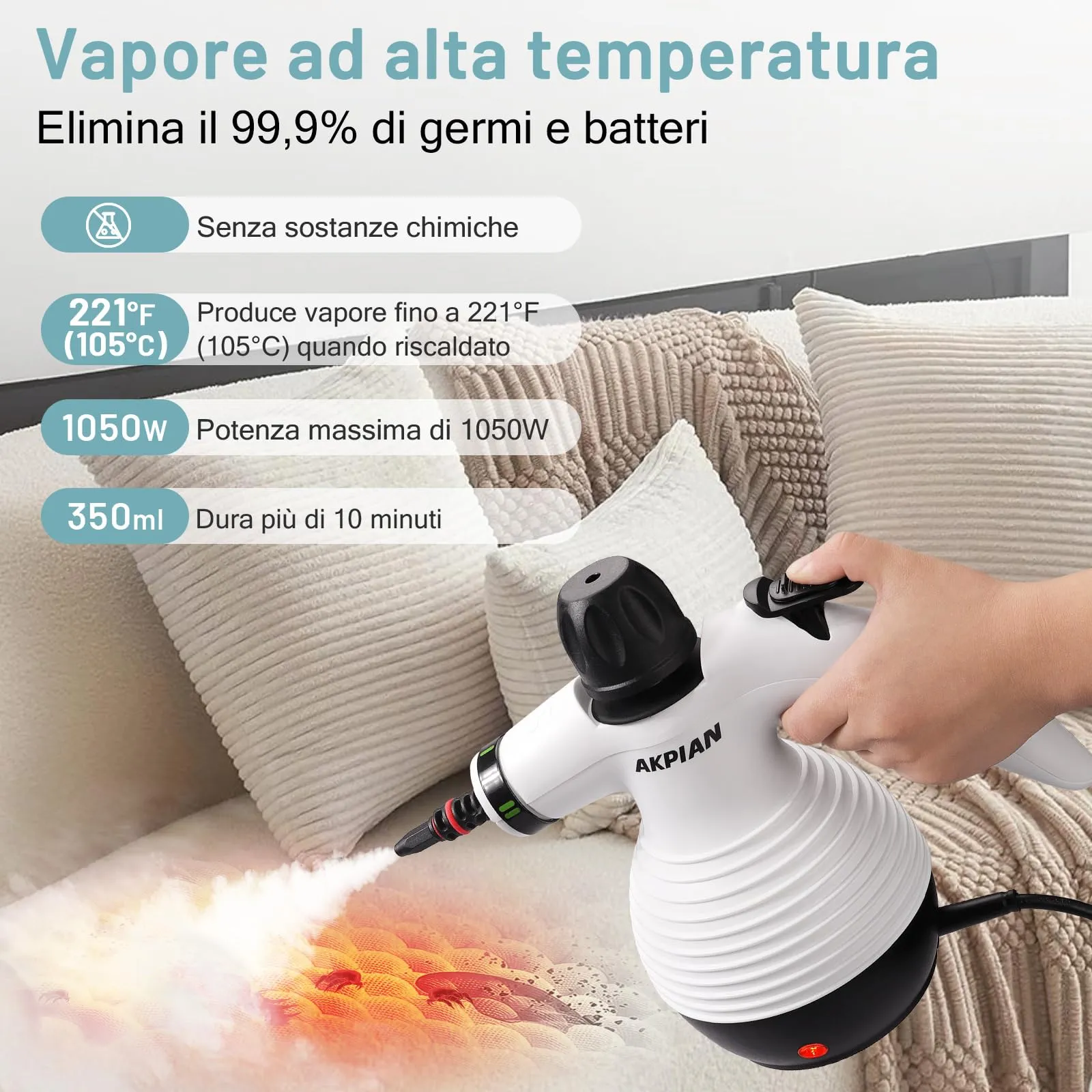 AKPIAN Pulitore a vapore manuale HY-301 con 10 accessori - immagine 2