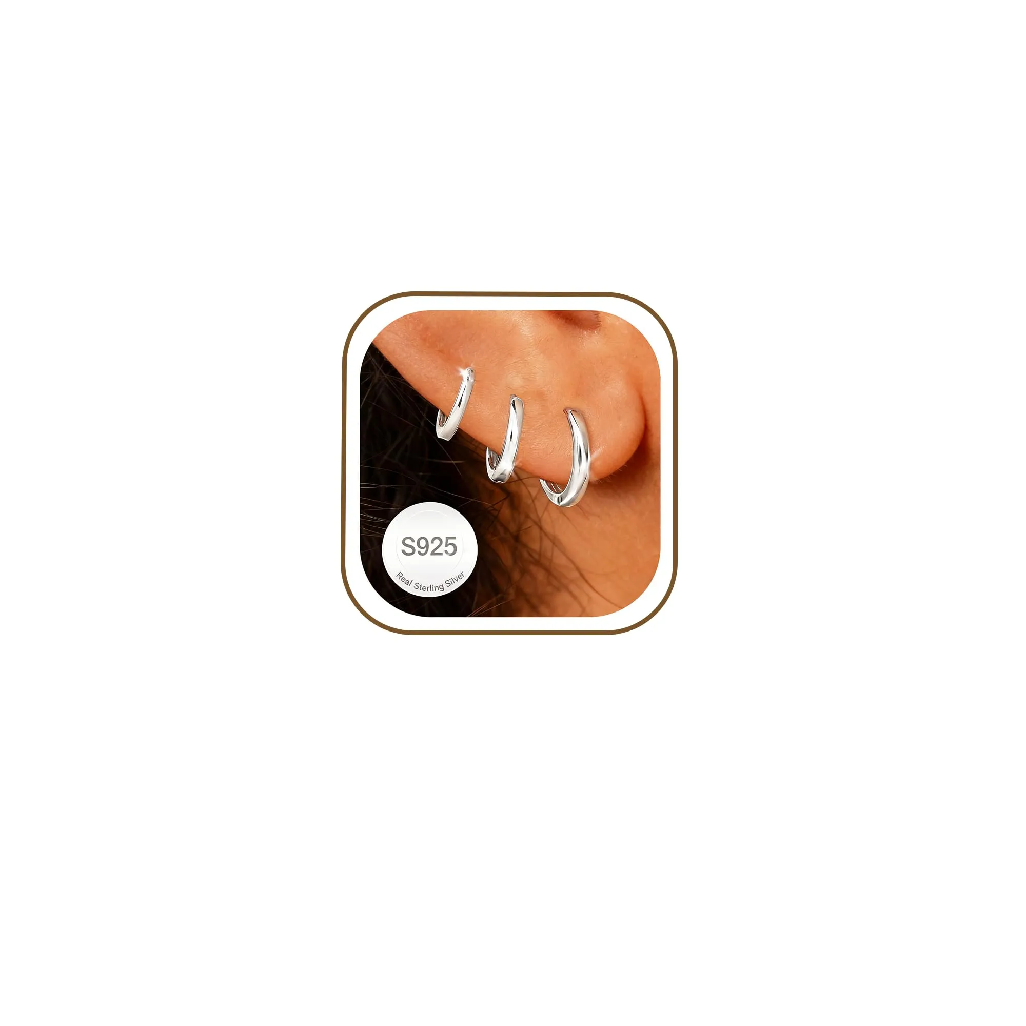 Rajputana Set di 3 Paia di Orecchini a Cerchio in Argento Ipoallergenici per Donna, 8mm 10mm 12mm - immagine 1
