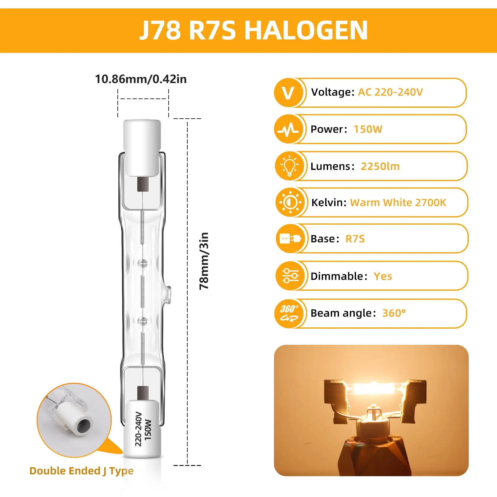 Caldarax Lampadina Alogena R7s 78mm 150W Dimmerabile, 230V, Bianco Caldo 2700K, 2250LM, 6 Pezzi - immagine 2