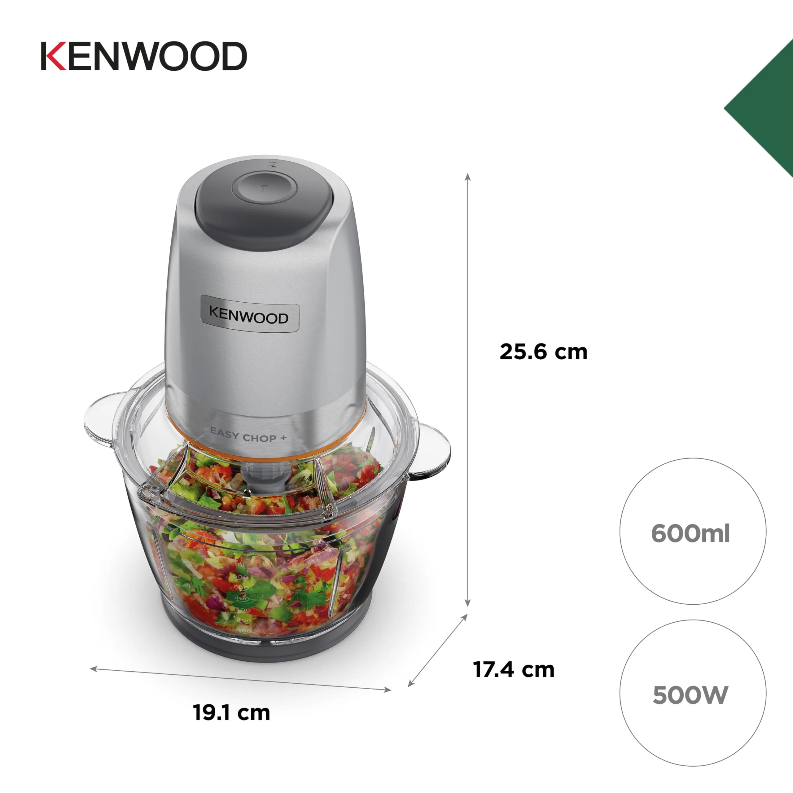 Kenwood EasyChop+ CHP62.400SI Tritatutto con Quad Blade, Ciotola in Vetro 600ml, 500W, Silver - immagine 5