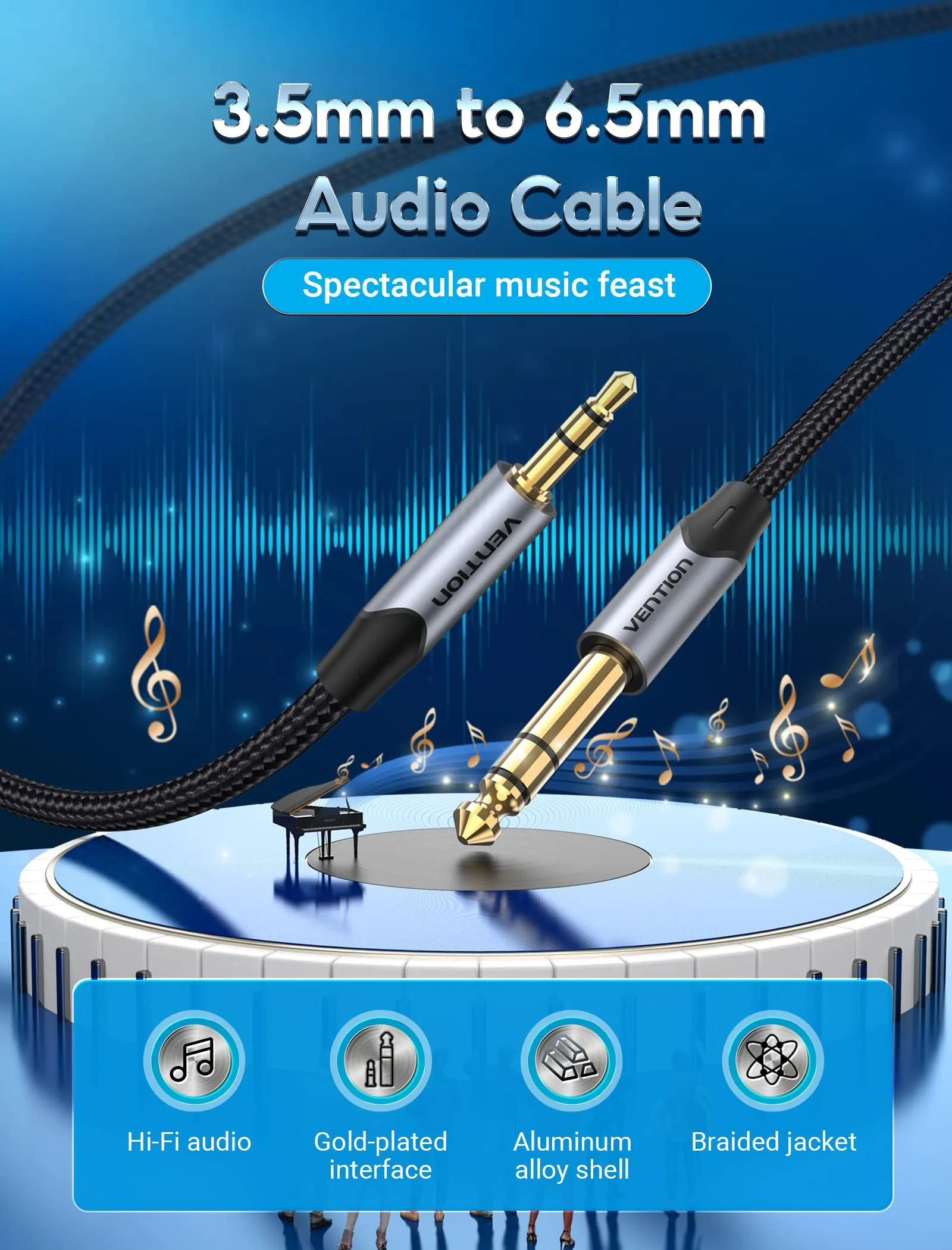 VENTION Cavo Jack Stereo AUX da 6,35 mm a 3,5 mm TRS Maschio, 5m - immagine 2
