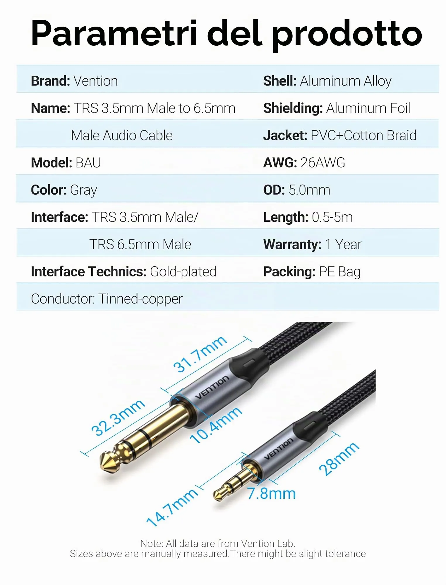 Vention Cavo Audio 3,5 mm a 6,35 mm TRS Maschio a Maschio, 0,5 m - immagine 7