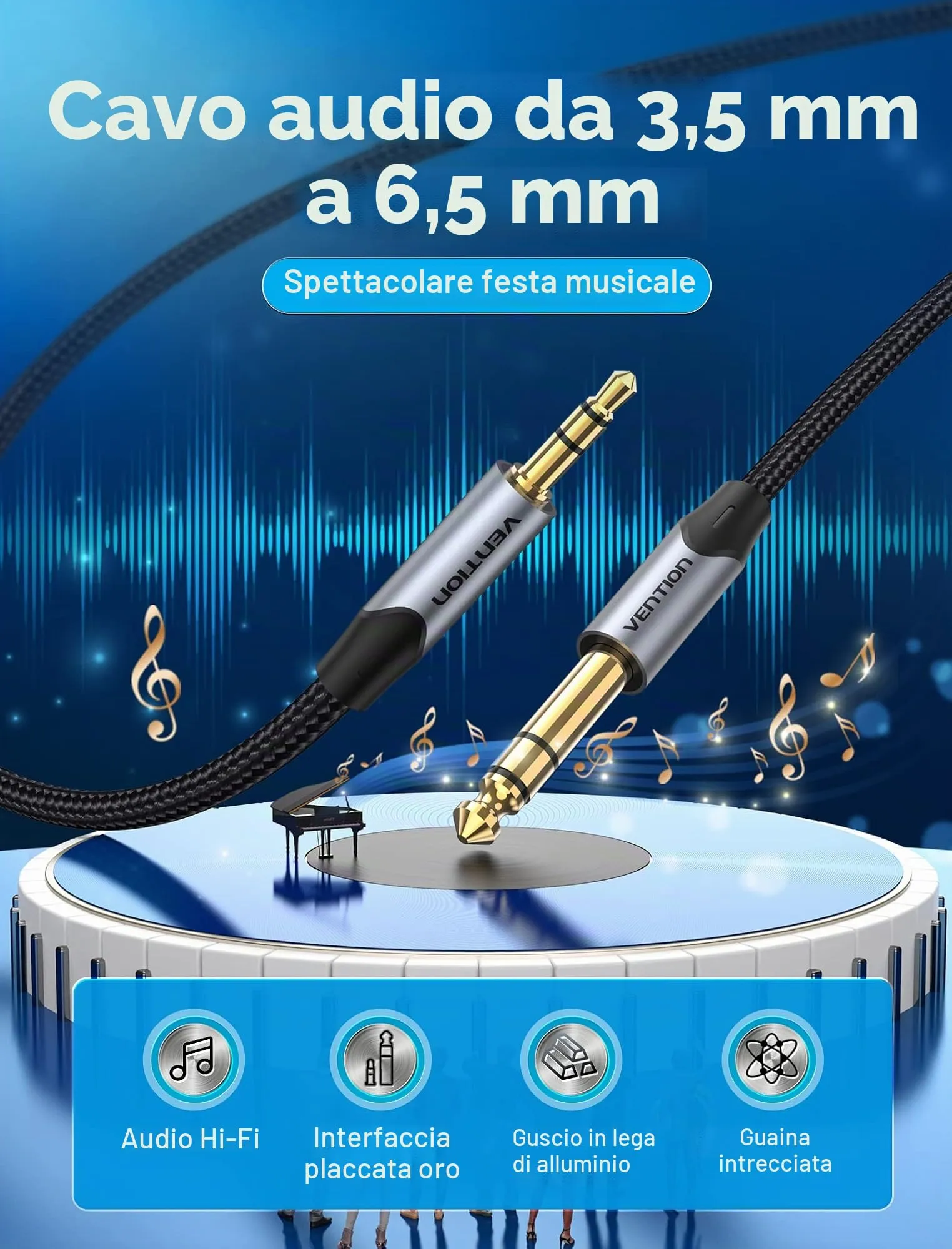VENTION Cavo Jack Stereo AUX da 6,35 mm a 3,5 mm TRS Maschio, 1m - immagine 2