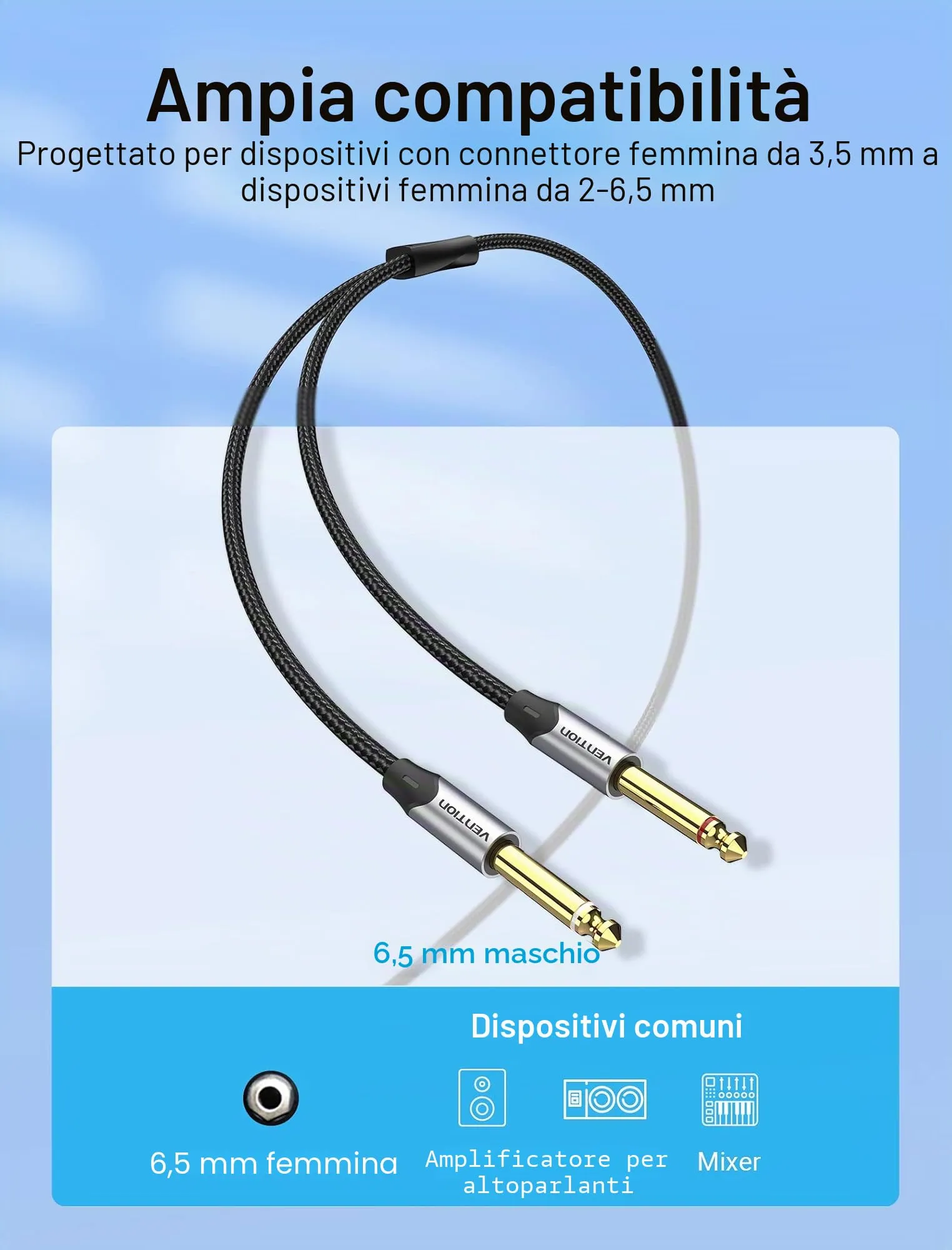 VENTION Cavo Audio da 3,5 mm a Doppio Jack da 6,35 mm Maschio a Maschio, 1m - immagine 6