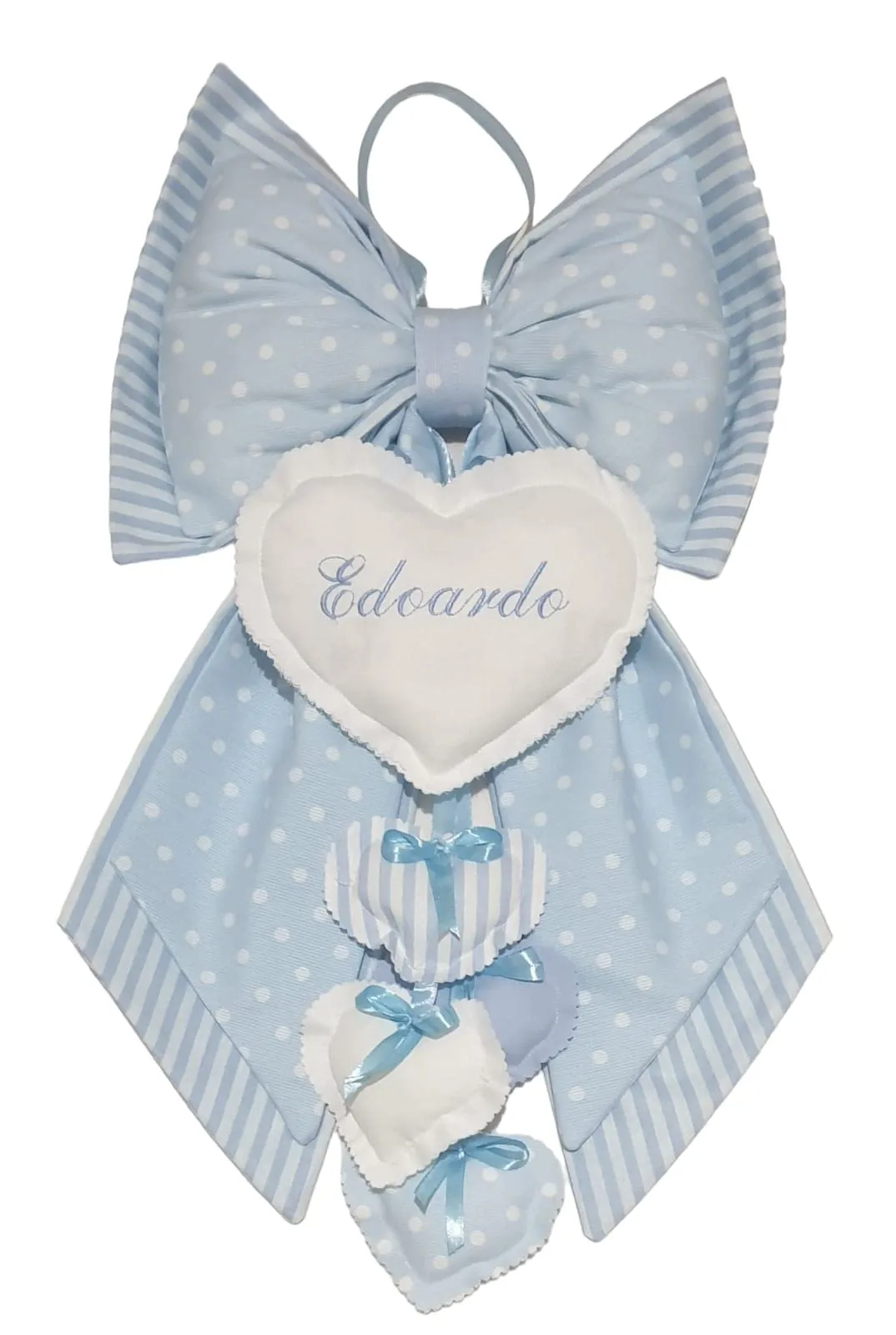 ZAIRISE Fiocco Nascita Personalizzato con Nome Ricamato, 100% Cotone, Handmade in Italy, Coccarda Decorativa Celeste a Pois con Pendenti, 52 x 35 cm - immagine 5