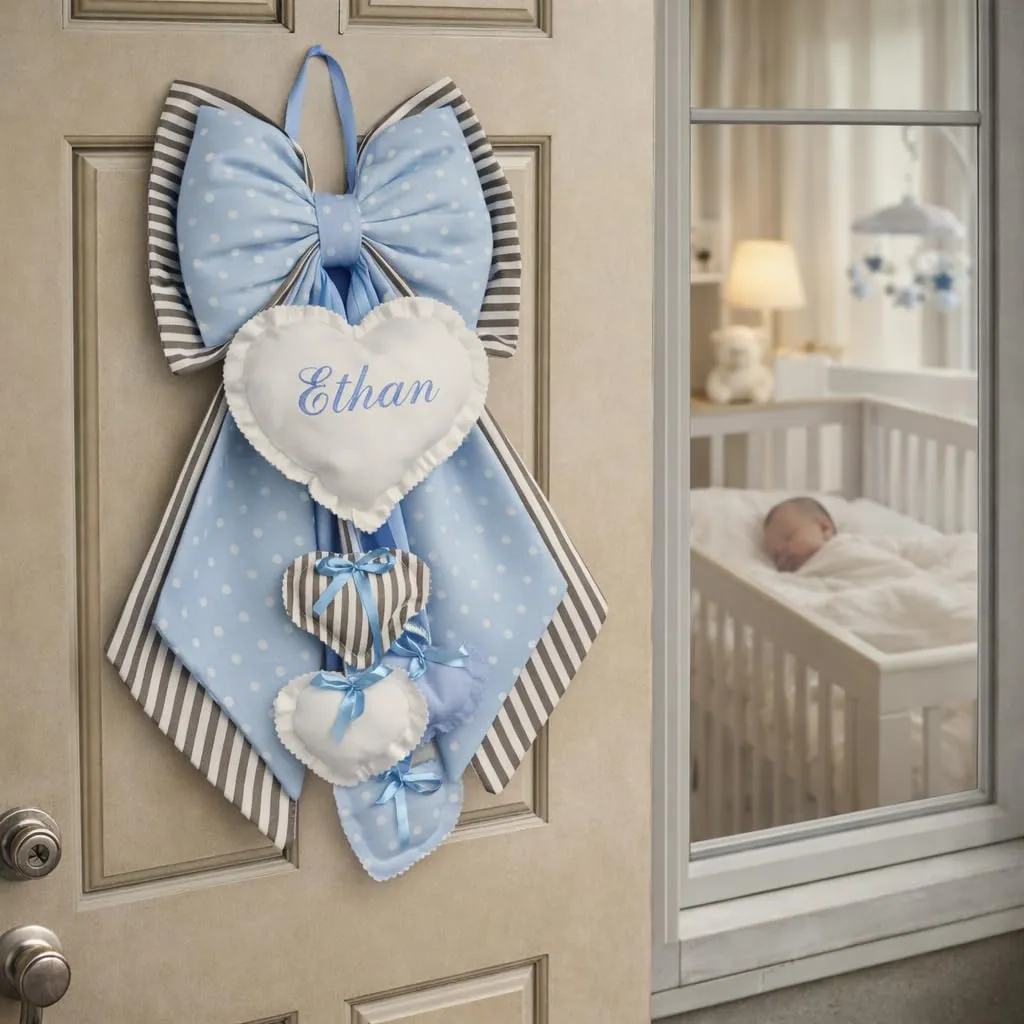 ZAIRISE Fiocco Nascita Personalizzato con Nome Ricamato, 100% Cotone, Handmade in Italy, Coccarda Decorativa Celeste a Pois con Pendenti, 52 x 35 cm - immagine 7