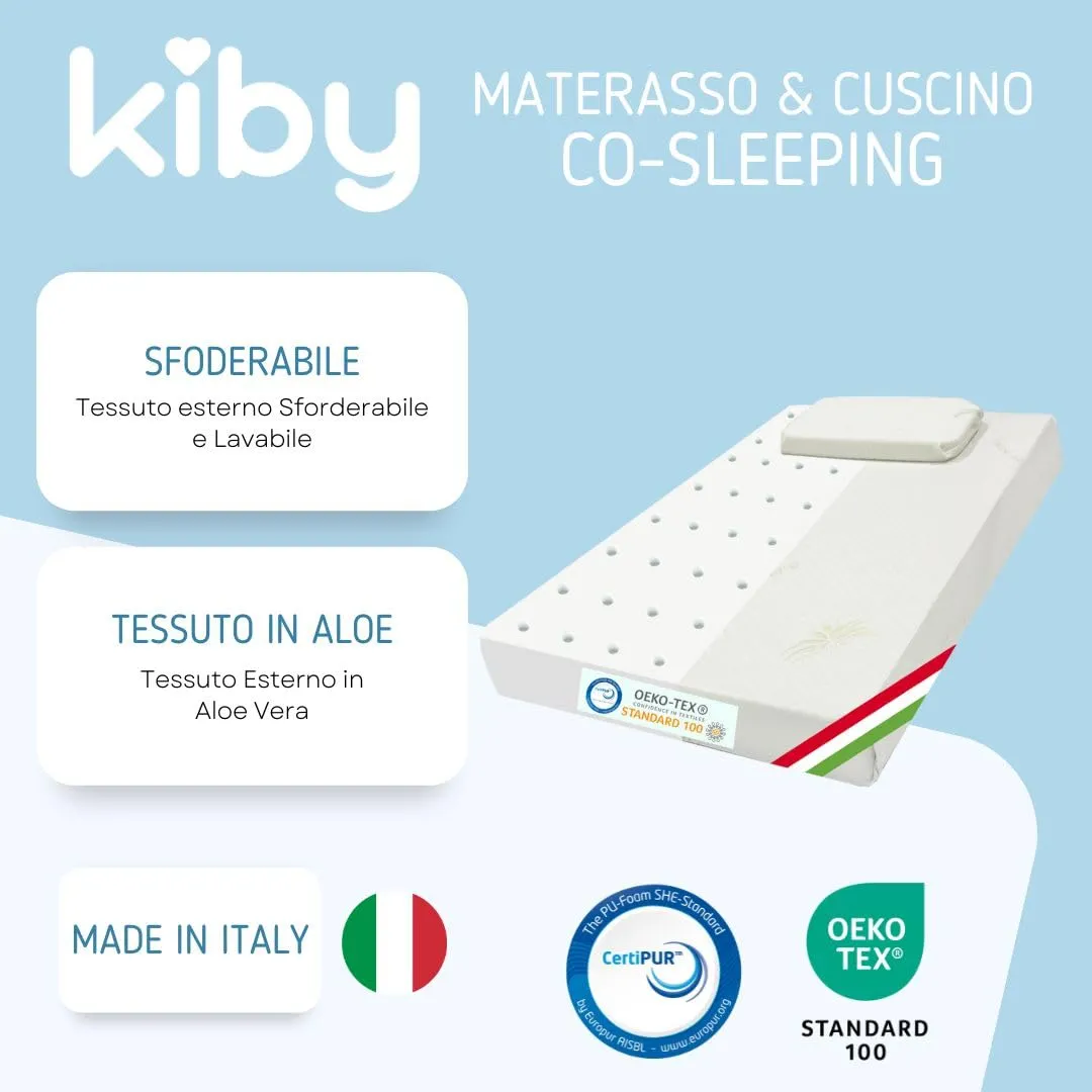 Kiby Materasso e Cuscino Culla Next to Me 83x50x8 cm in Aloe Vera, Sfoderabile e Lavabile - immagine 2