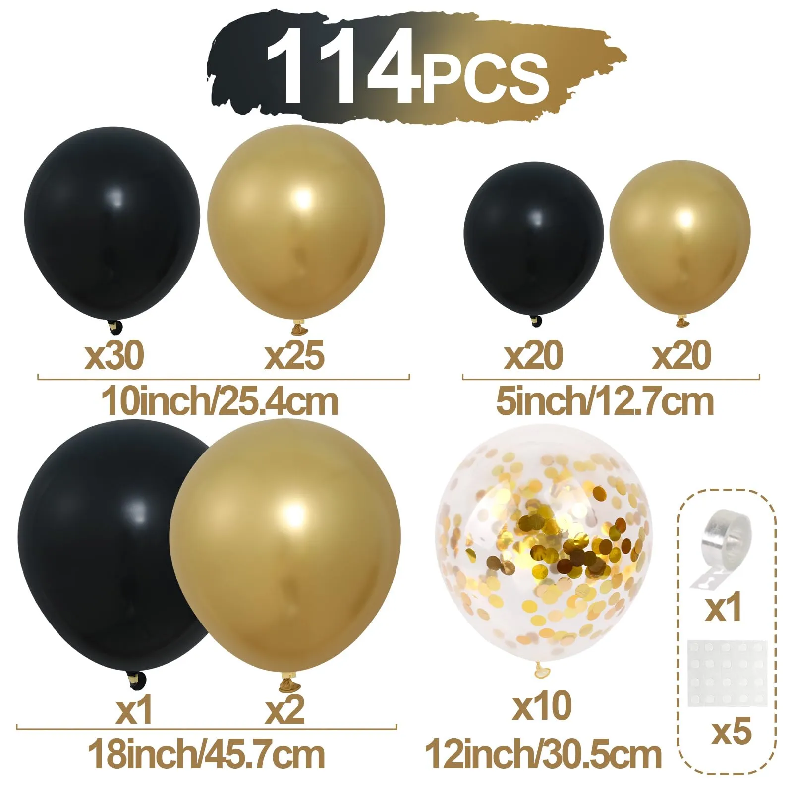 Balloon Garland Kit Ghirlanda Palloncini Nero Oro, 110 Pezzi con Palloncini Coriandoli Dorati - immagine 2