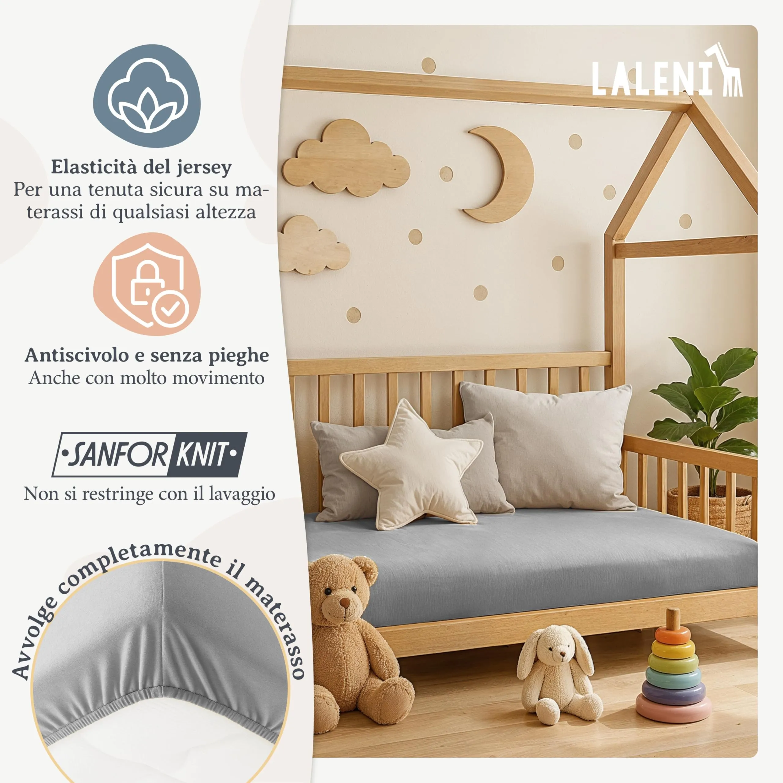 Laleni Lenzuolo Jersey per Babybay 42x81 cm, 100% Cotone, Grigio, 2 Pezzi - immagine 4
