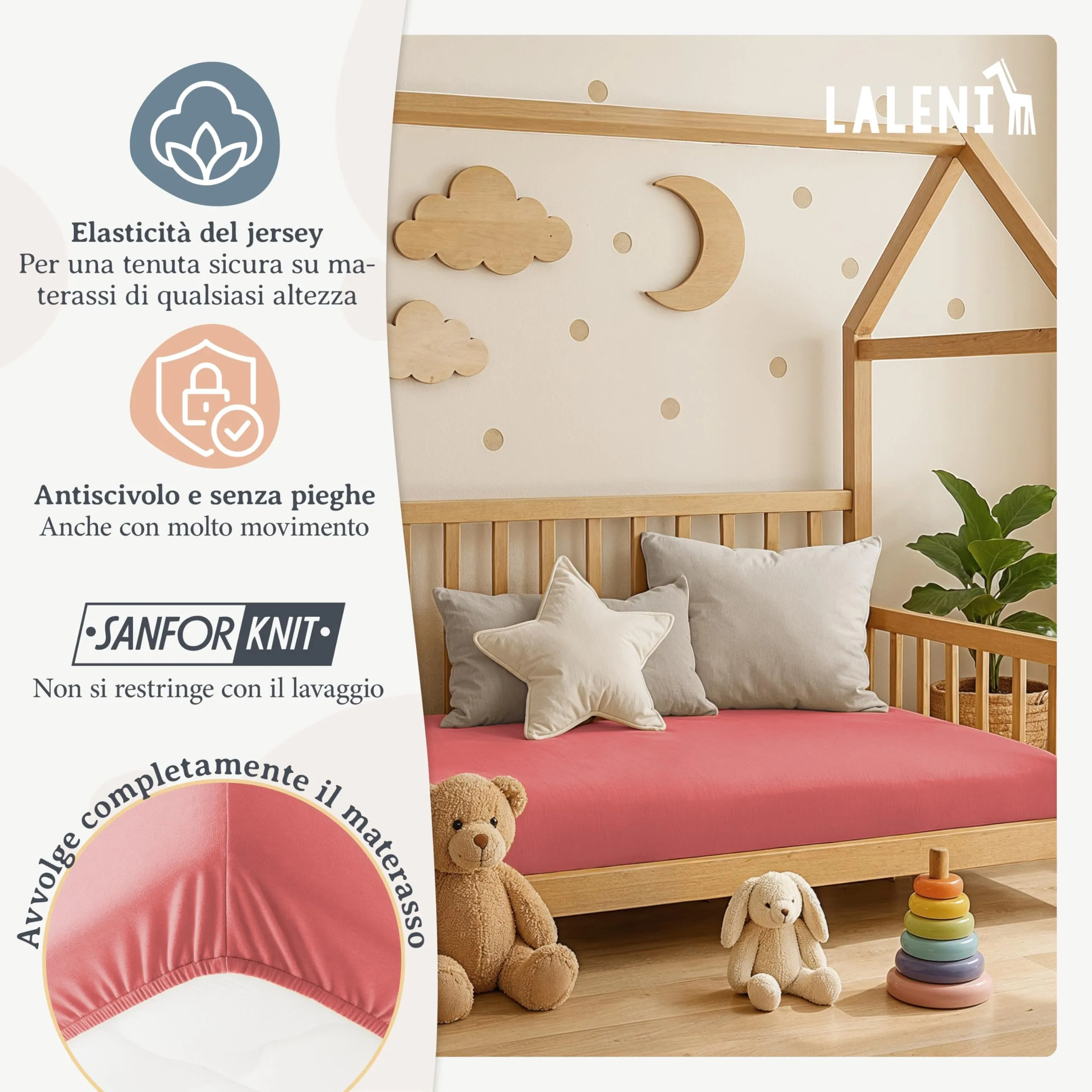 Laleni Lenzuolo Jersey per Culla Ovale 38x77 cm, 100% Cotone, Corallo - immagine 4