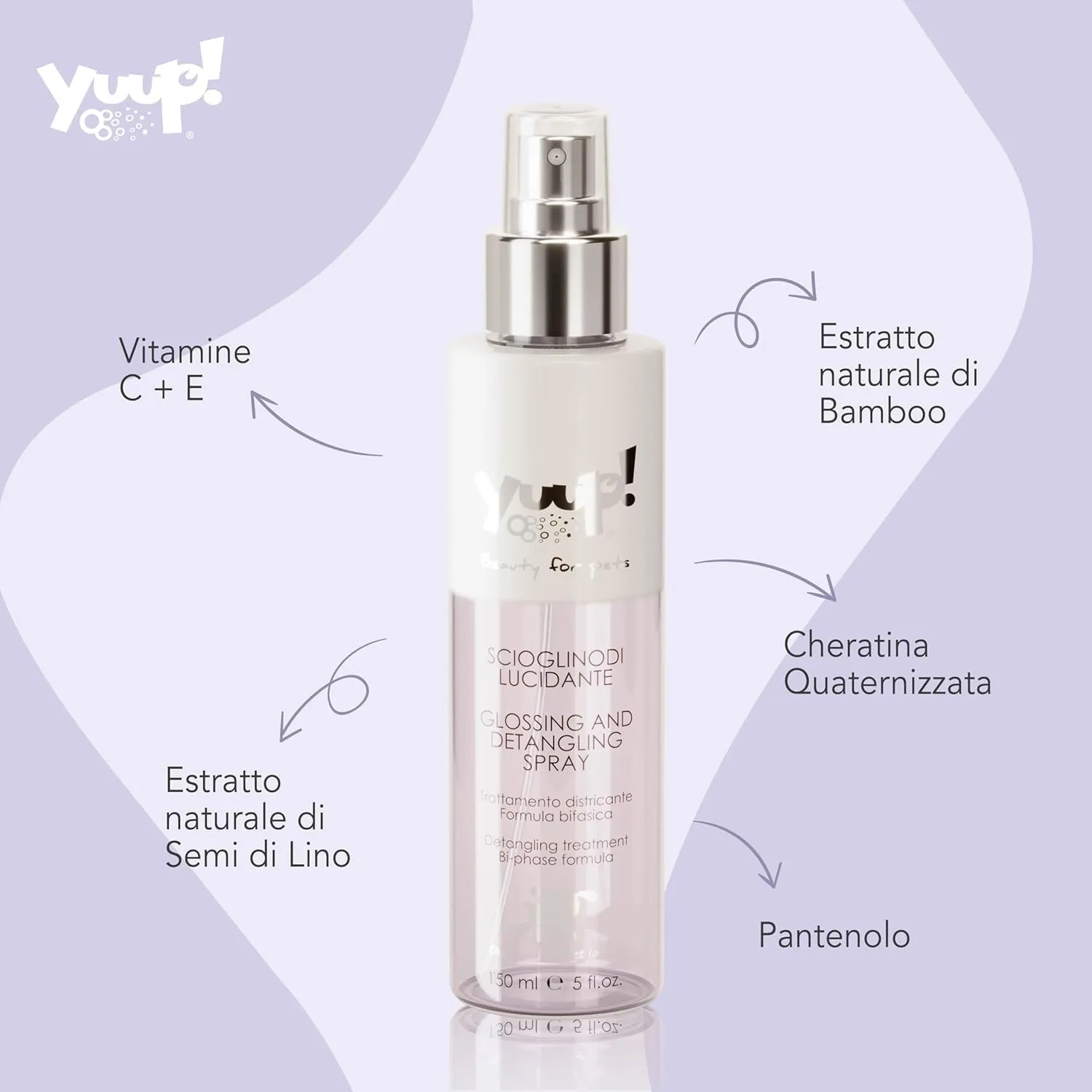 Yuup Spray Scioglinodi Lucidante e Districante Bifasico con Bamboo e Semi di Lino per Cane e Gatto, 150 ml - immagine 2