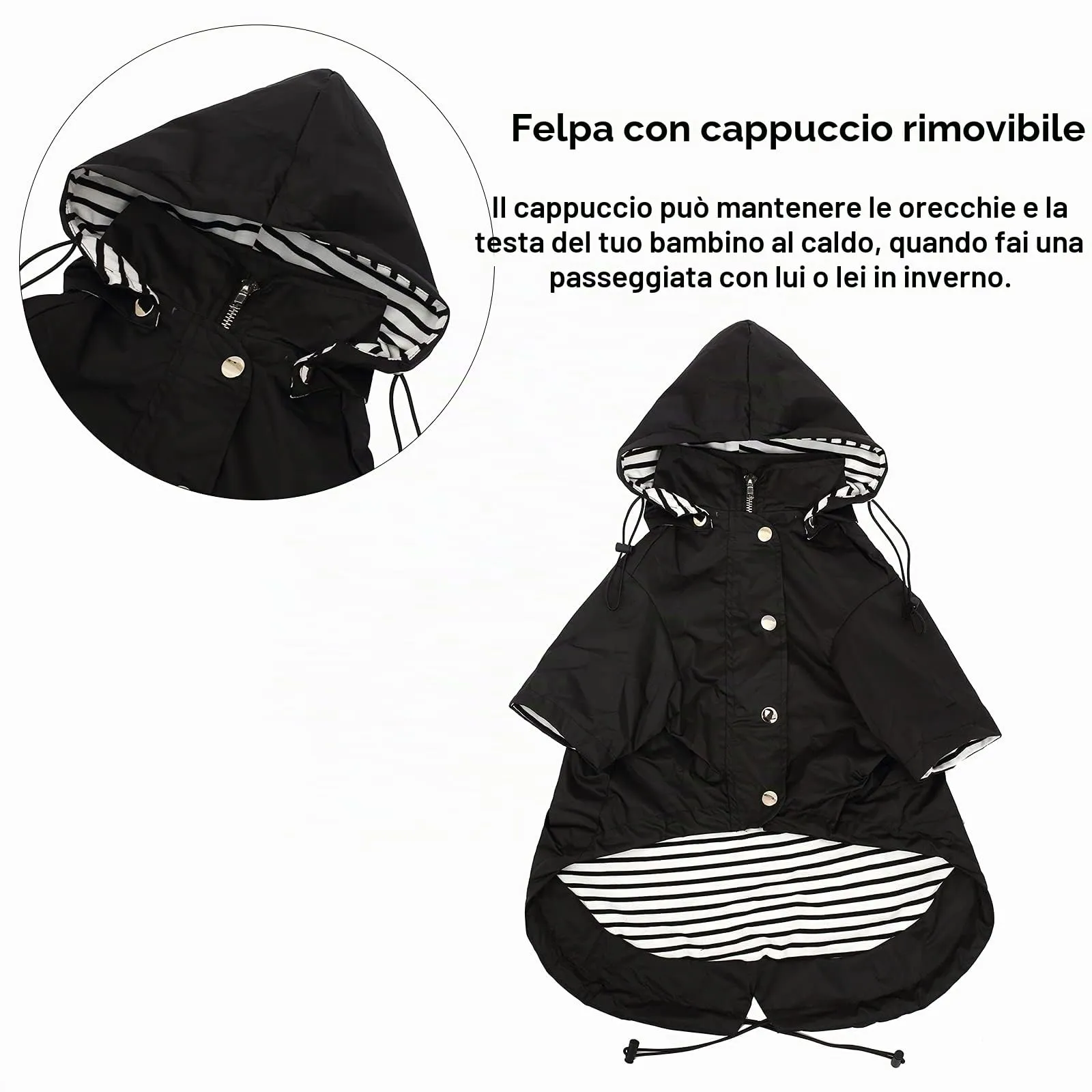 Morezi Impermeabile per Cani con Zip, Bottoni Riflettenti e Cappuccio Rimovibile, Nero, XXL - immagine 4