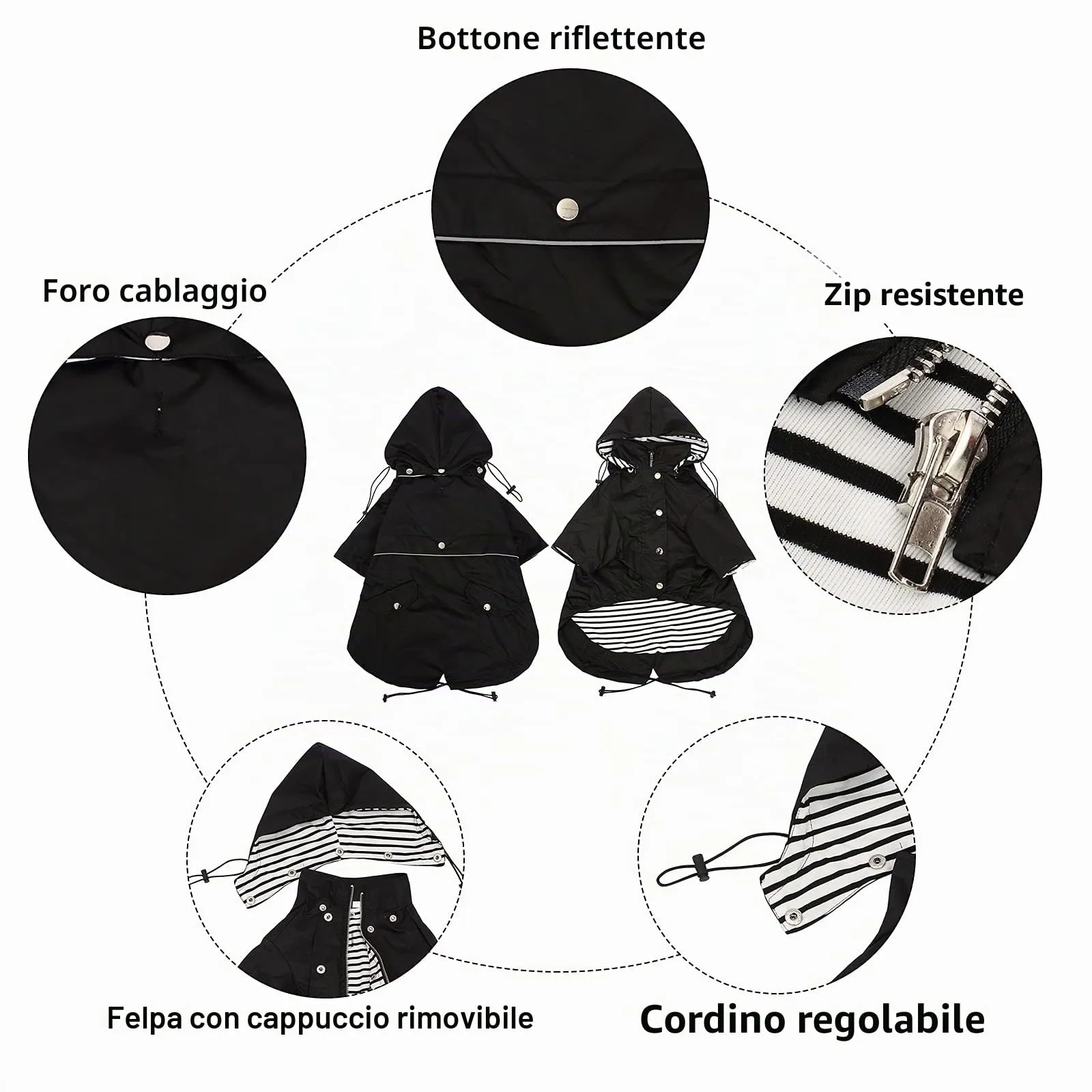 Morezi Impermeabile per Cani con Zip e Bottoni Riflettenti, Cappuccio Rimovibile - Nero - XS - immagine 3