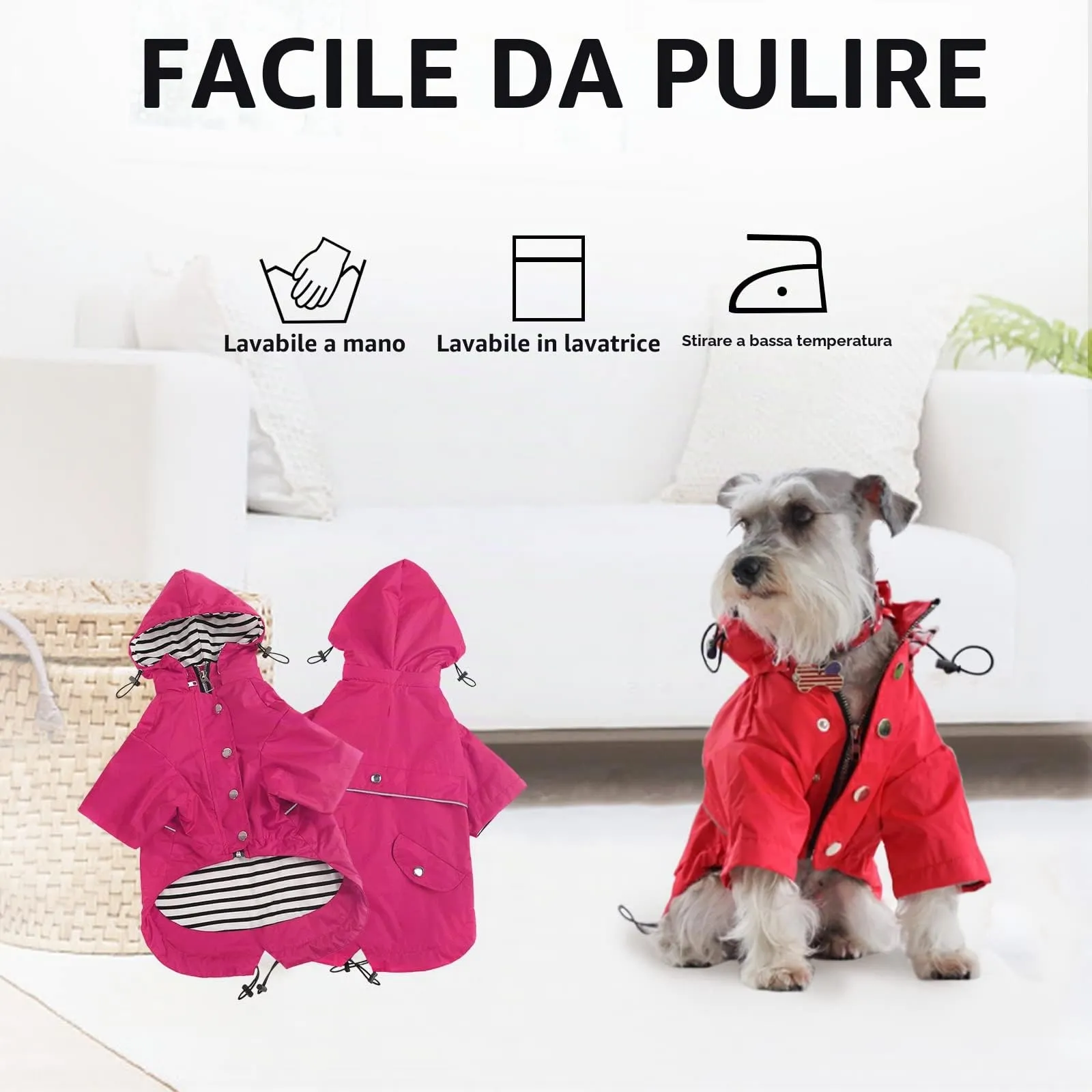 Morezi Impermeabile per cani con cappuccio staccabile e cerniera, Rosa, L - immagine 6