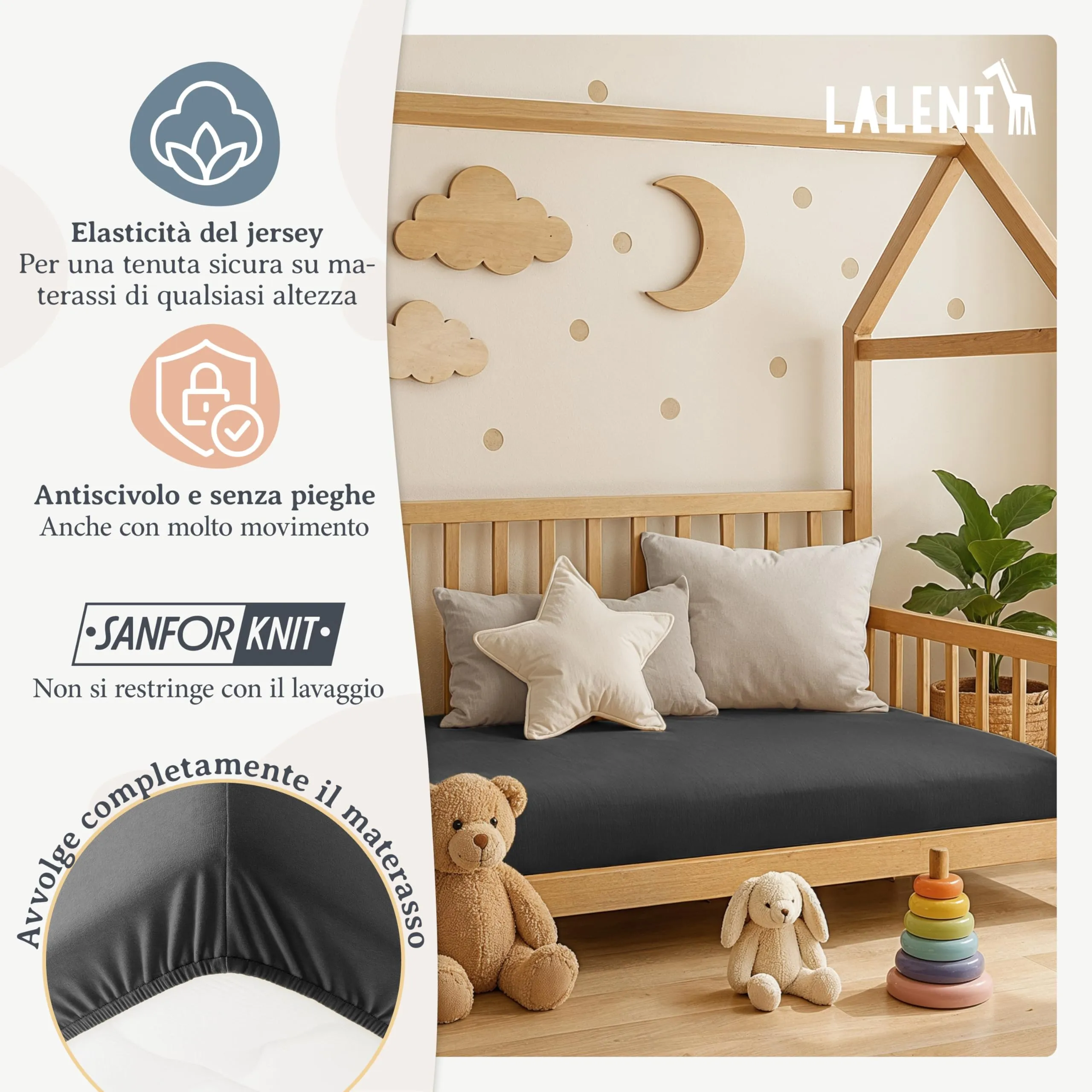 Laleni Lenzuolo Jersey per Culla Ovale 38x77 cm, 100% Cotone, 2 Pezzi, Anthracite - immagine 4