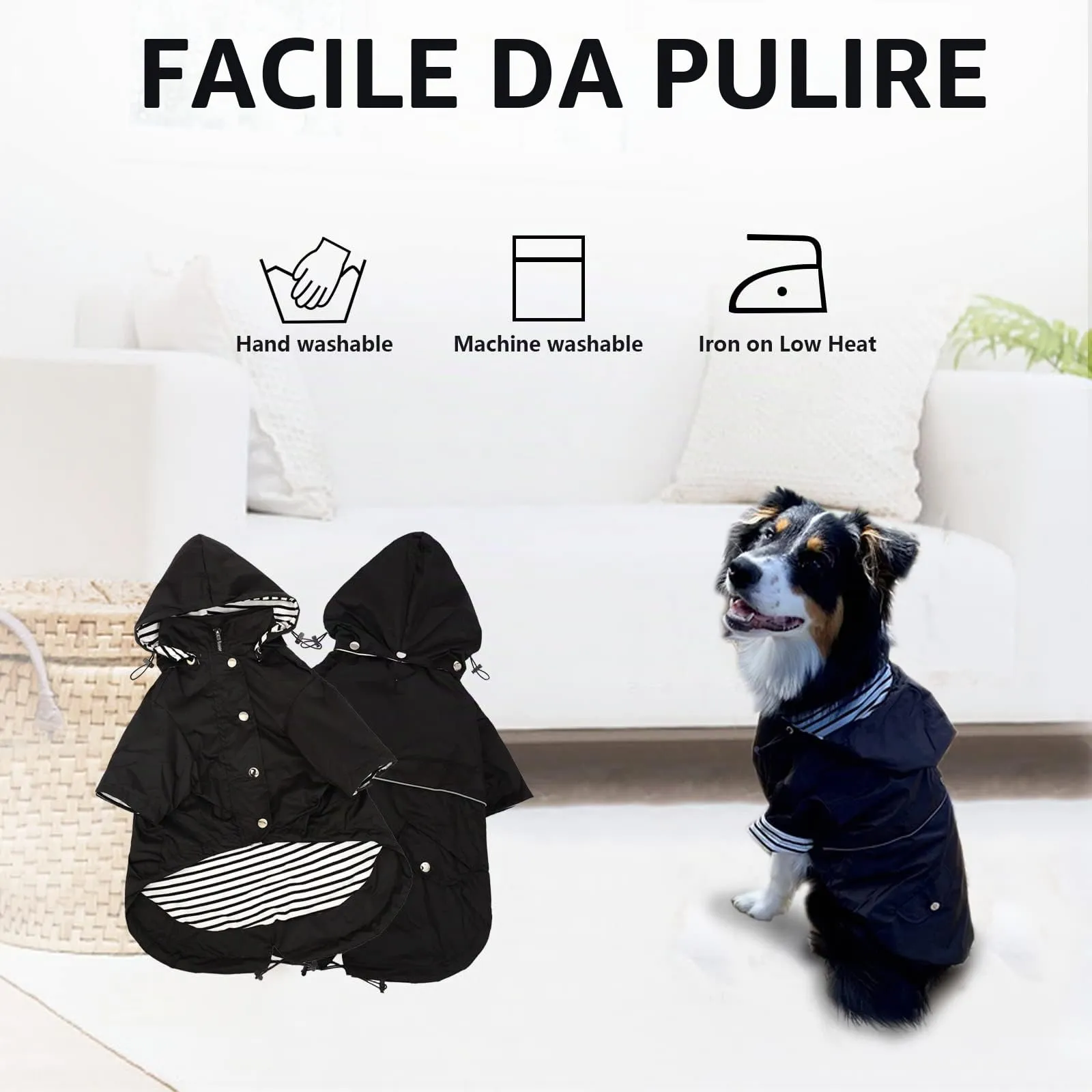 Morezi Impermeabile per Cani con Zip, Bottoni Riflettenti e Cappuccio Rimovibile, Nero, L - immagine 5