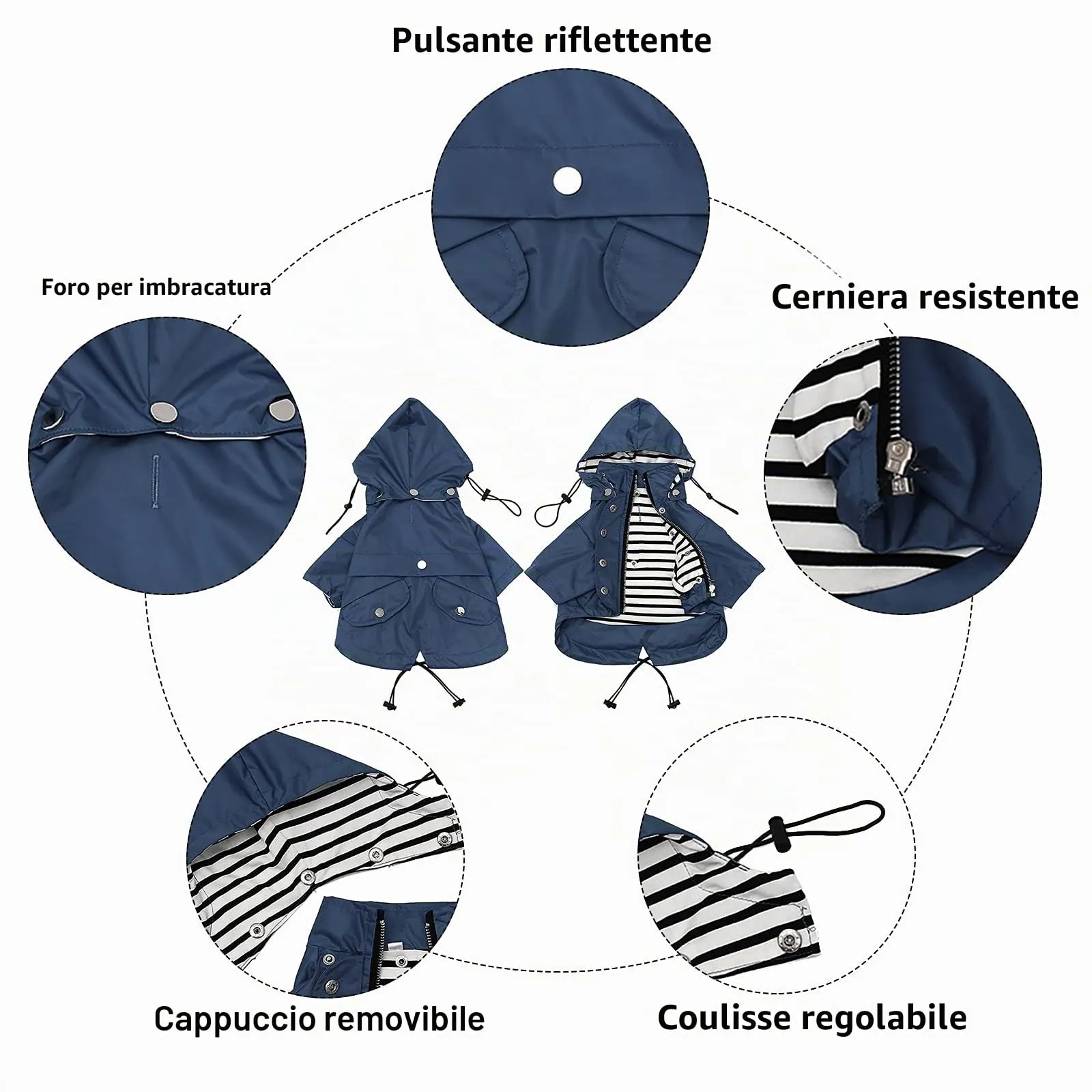 Impermeabile Morezi per cani, traspirante con cerniera, cappuccio staccabile, Blu scuro, M - immagine 3