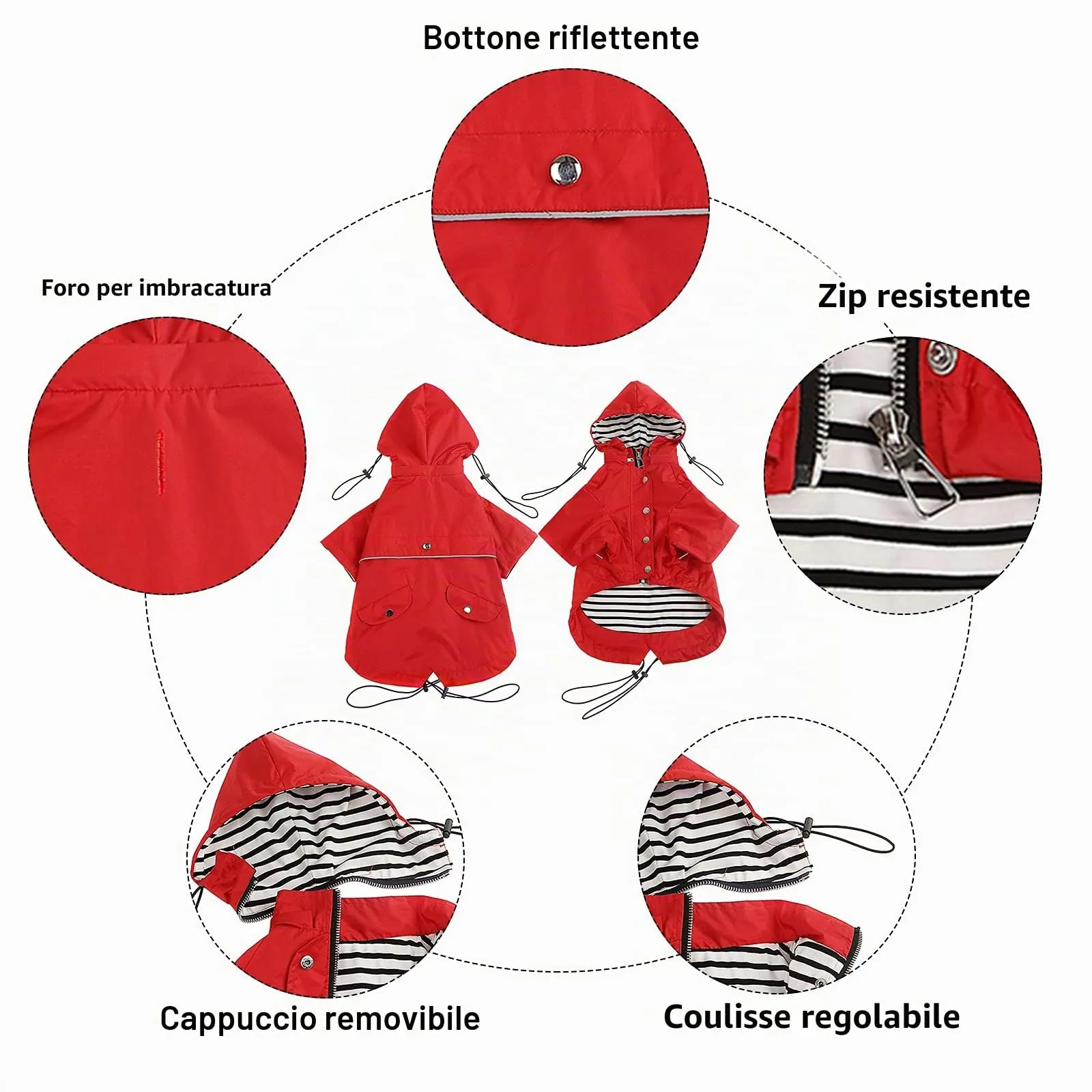 Morezi Impermeabile per Cani, Traspirante con Cerniera e Cappuccio Staccabile, Rosso, L - immagine 3