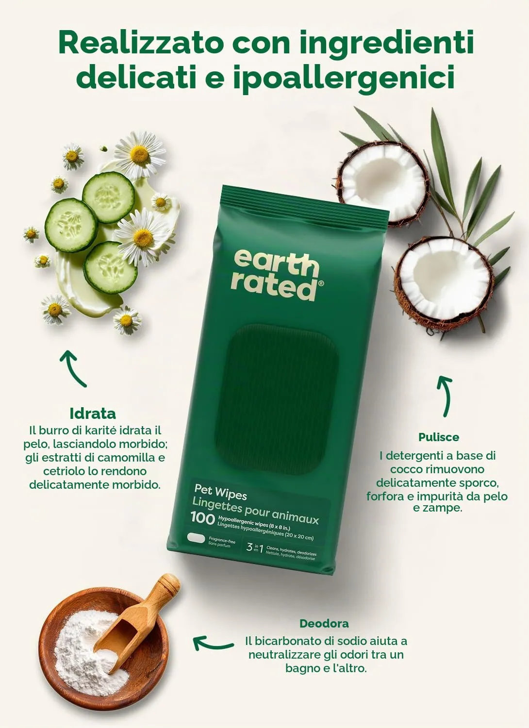Earth Rated Salviette Ipoallergeniche per Cani, Senza Profumo, 100 Pezzi - immagine 5